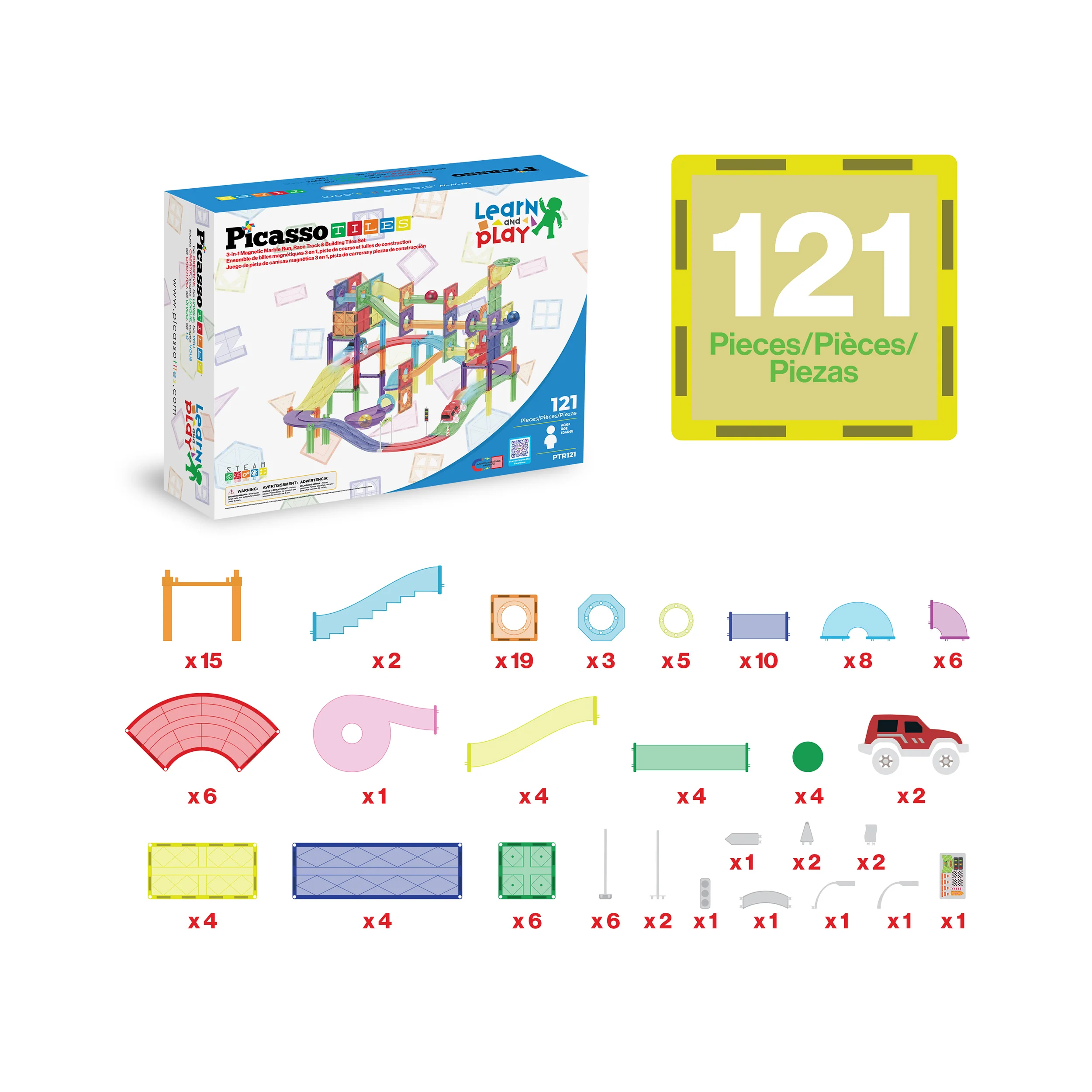PicassoTiles 121pc 3-in-1 Magnetic Tiles Marble Run & Racetrack Playset with Cars - Image 3
