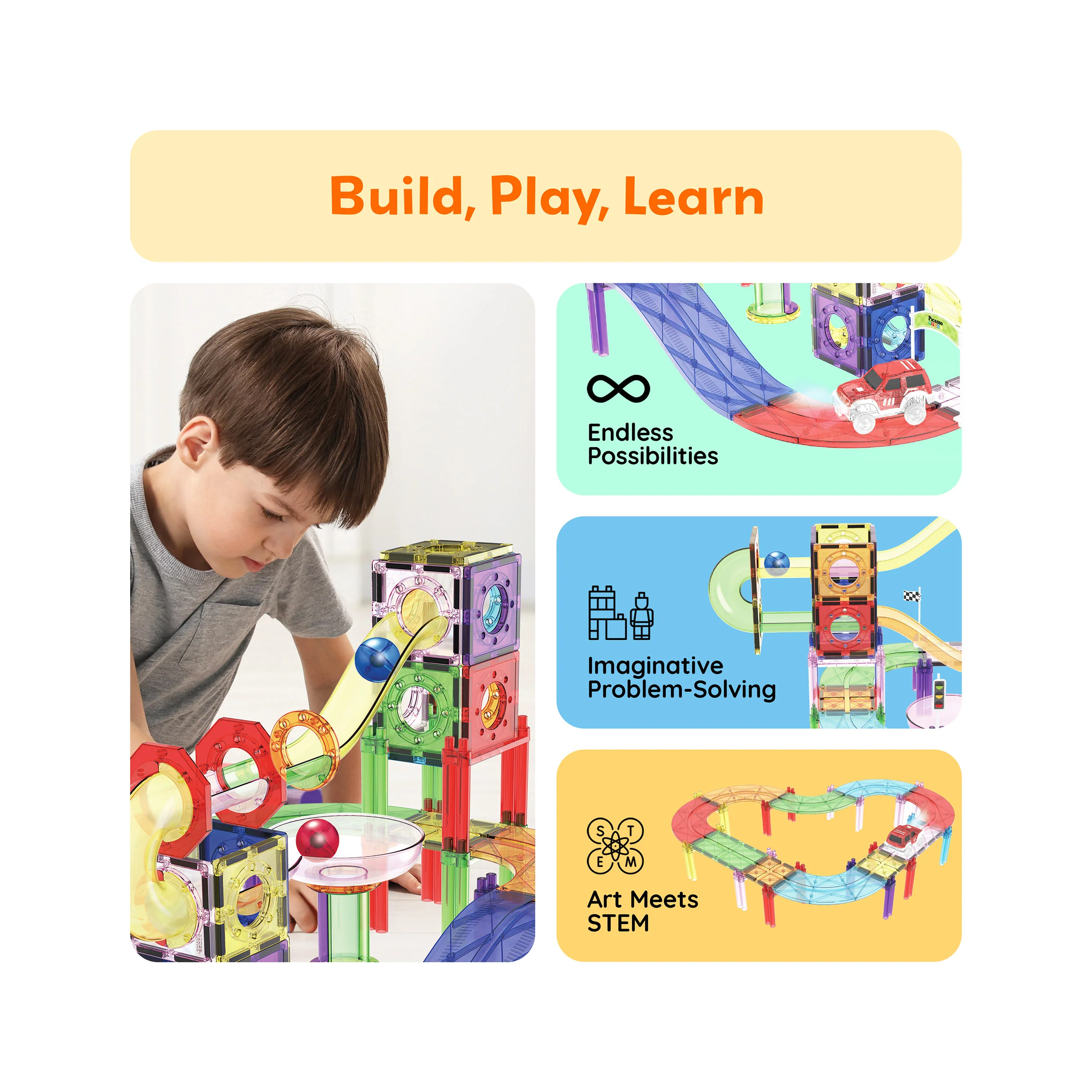 PicassoTiles 121pc 3-in-1 Magnetic Tiles Marble Run & Racetrack Playset with Cars - Image 4