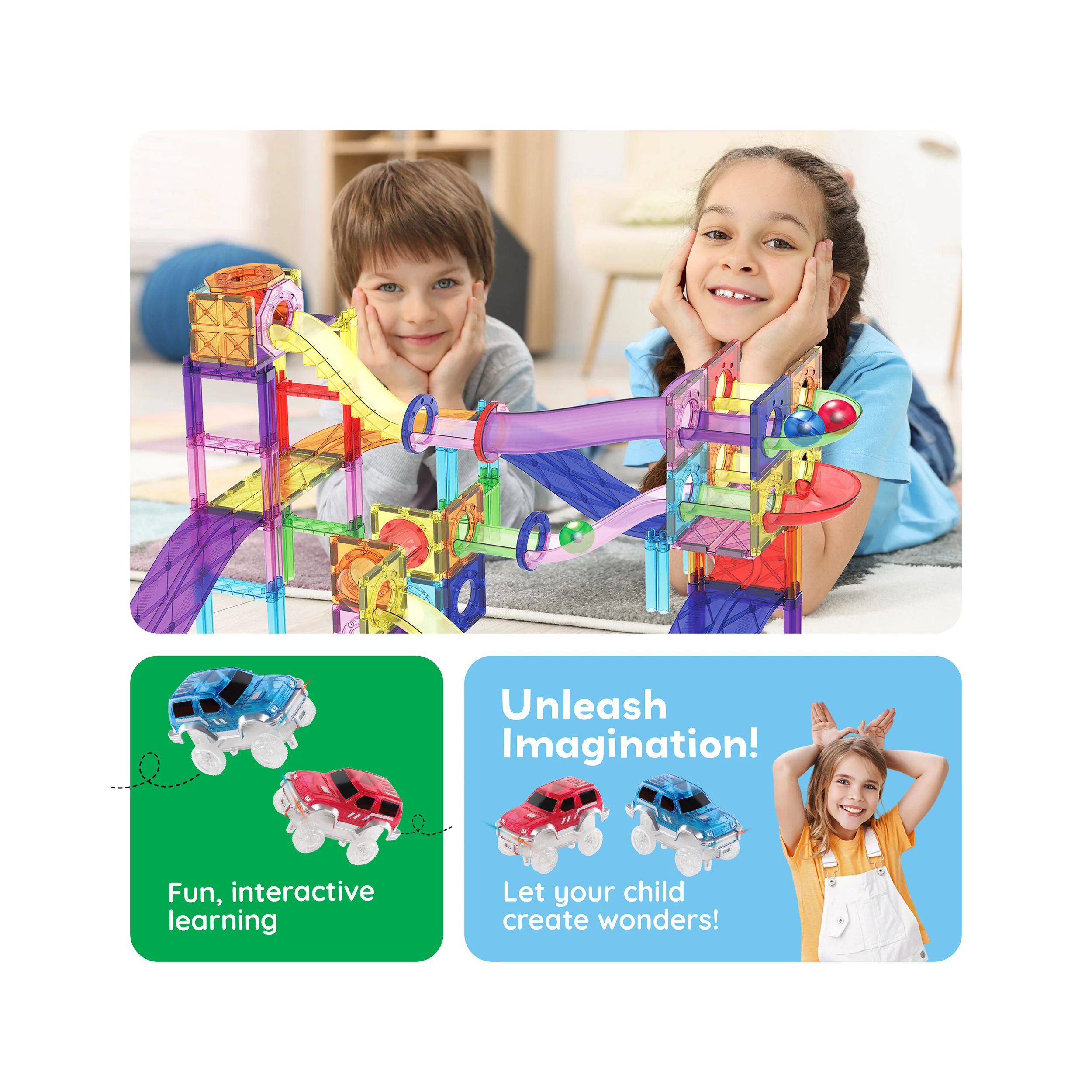 PicassoTiles 121pc 3-in-1 Magnetic Tiles Marble Run & Racetrack Playset with Cars - Image 5