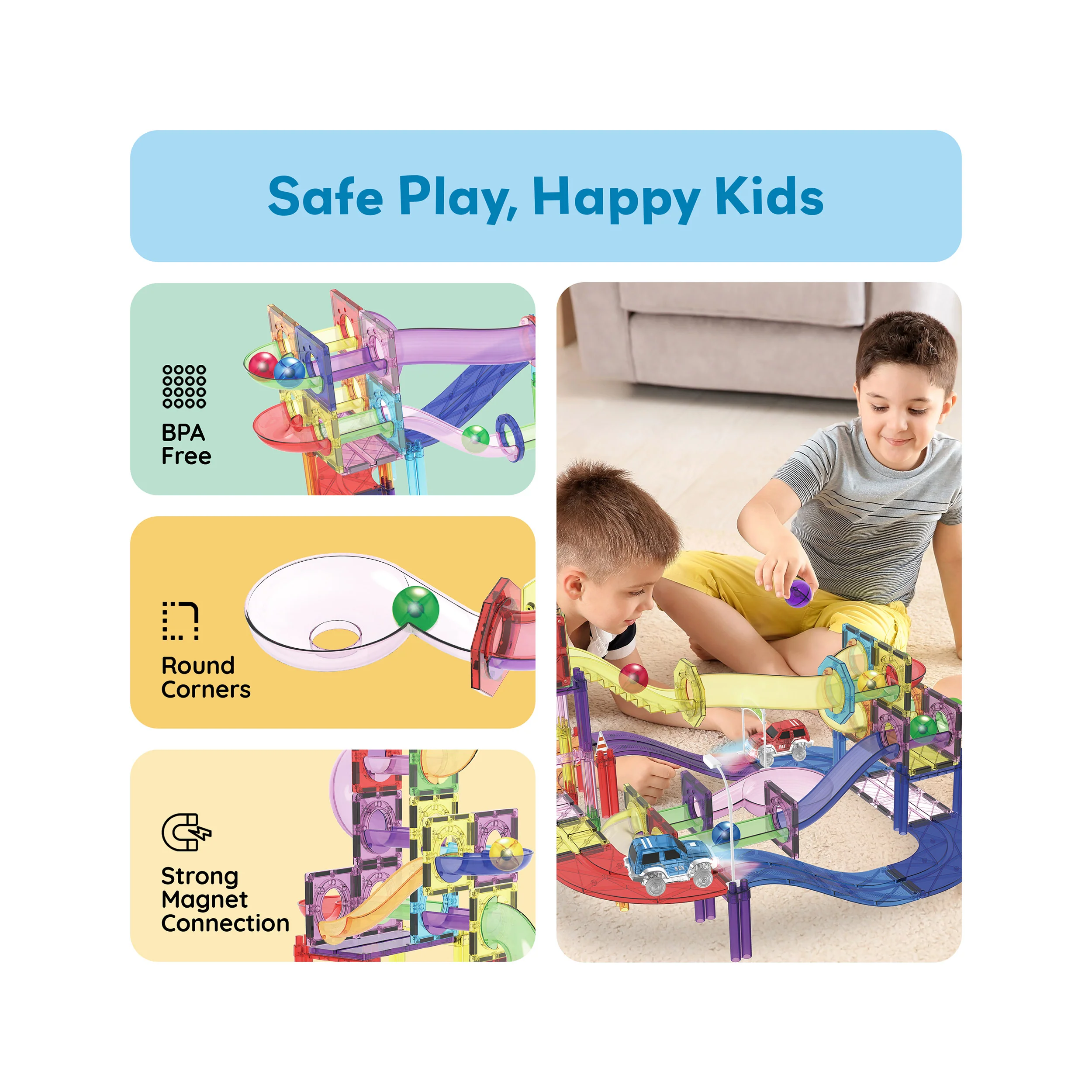 PicassoTiles 121pc 3-in-1 Magnetic Tiles Marble Run & Racetrack Playset with Cars - Image 6
