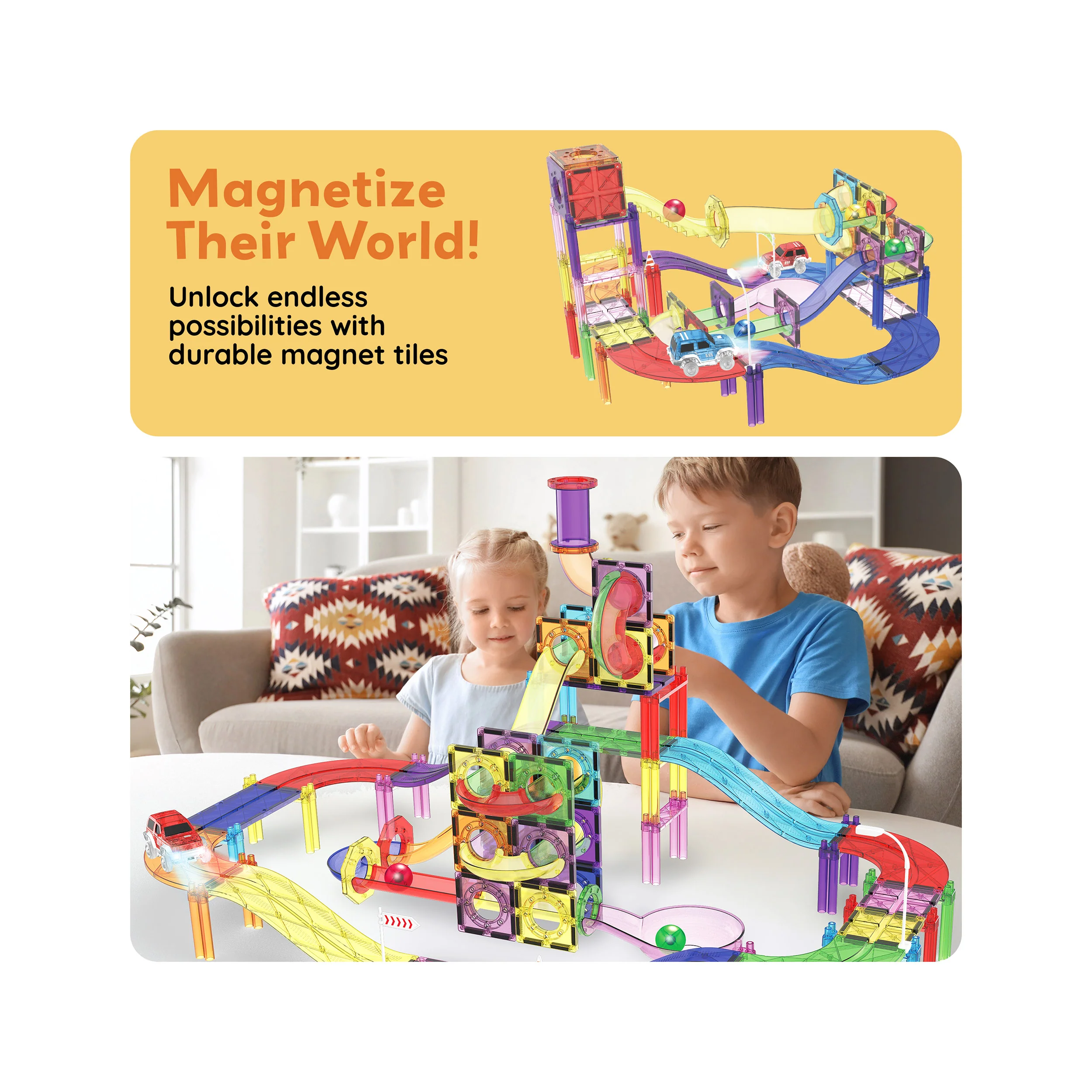 PicassoTiles 121pc 3-in-1 Magnetic Tiles Marble Run & Racetrack Playset with Cars - Image 7