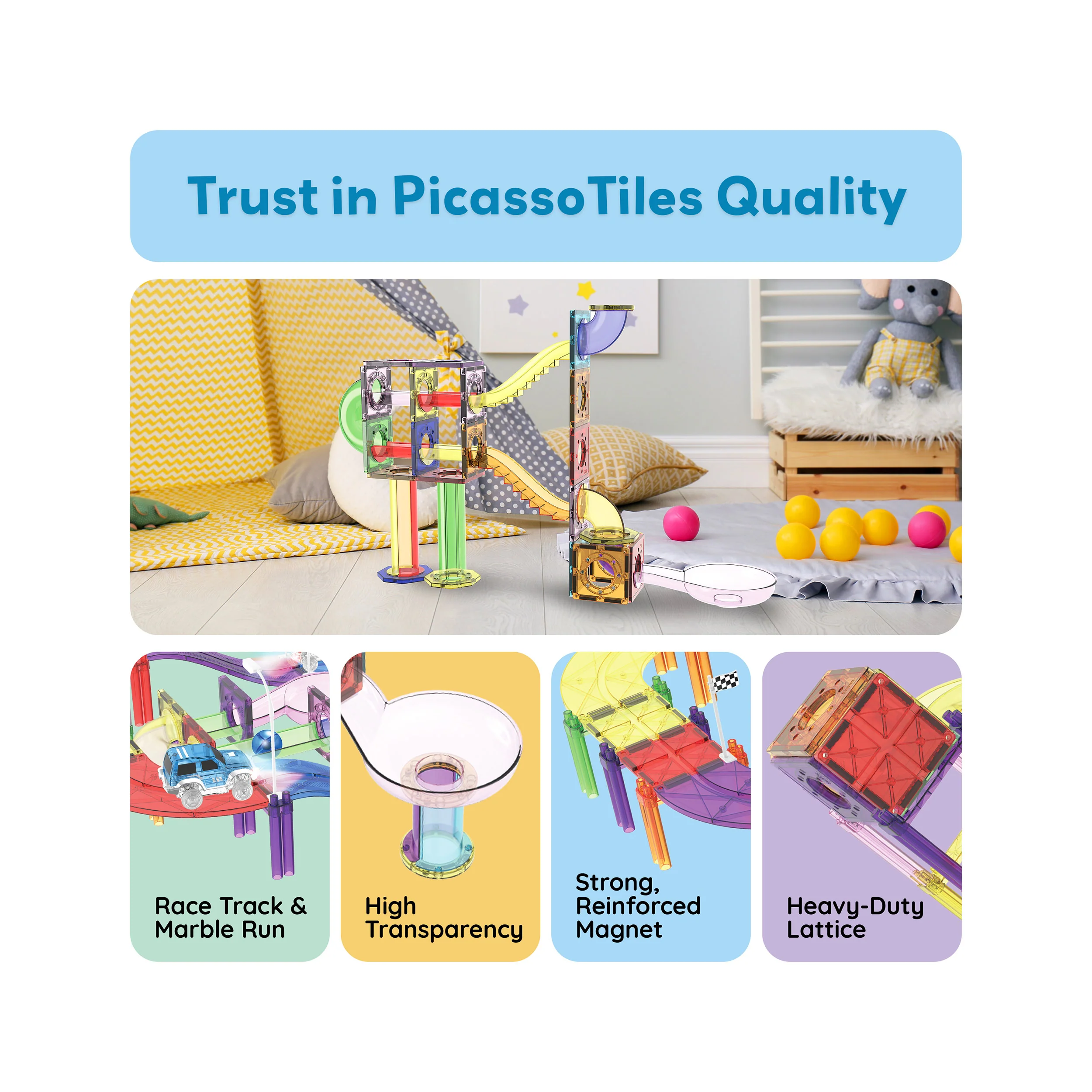PicassoTiles 121pc 3-in-1 Magnetic Tiles Marble Run & Racetrack Playset with Cars - Image 8