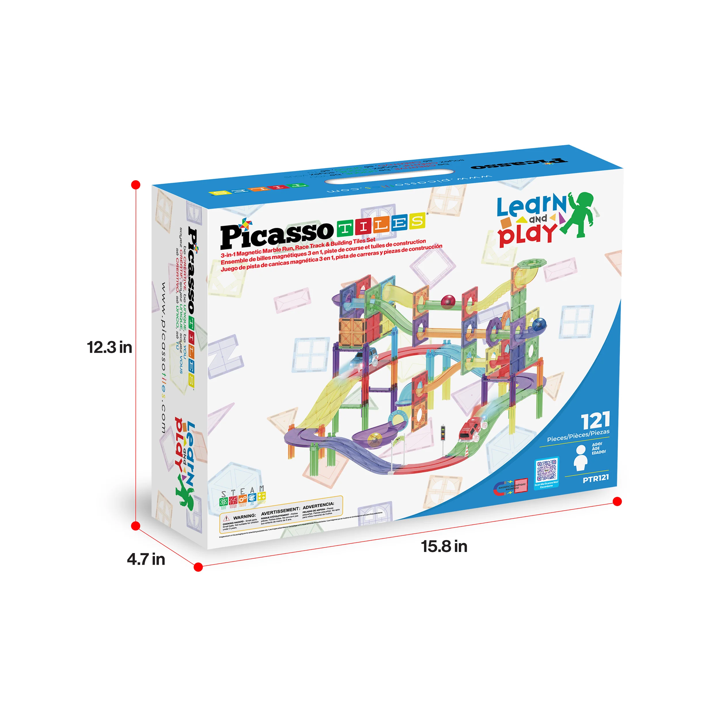 PicassoTiles 121pc 3-in-1 Magnetic Tiles Marble Run & Racetrack Playset with Cars - Image 9