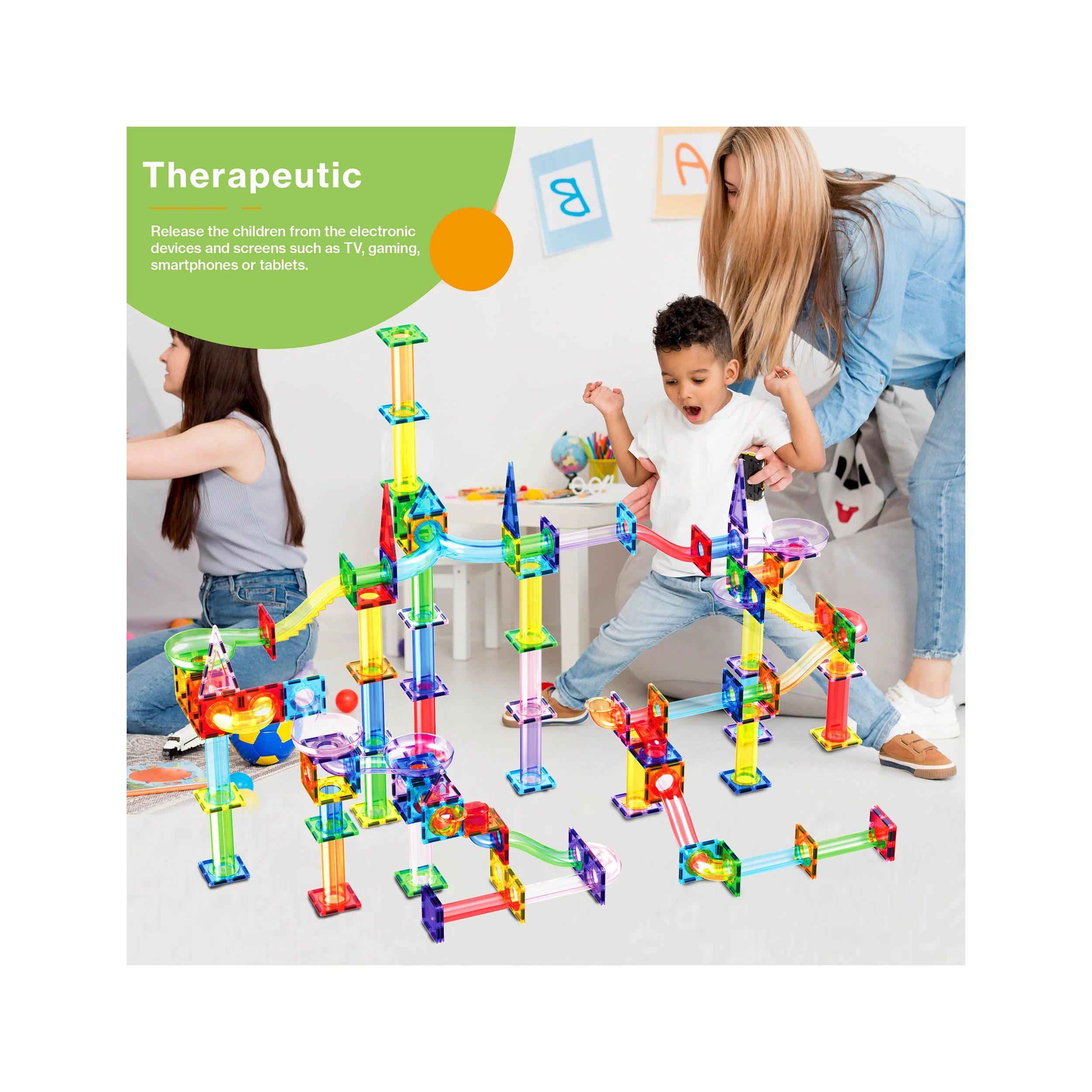 PicassoTiles Magnetic Tile Marble Run Starter Set (200 Pieces) with LED Marbles - Image 3