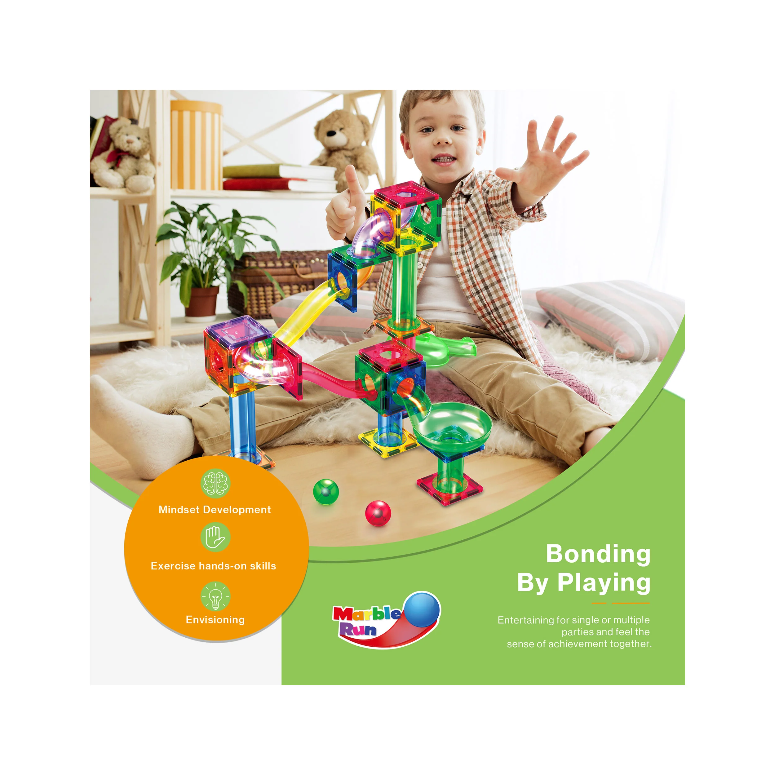 PicassoTiles Magnetic Tile Marble Run Starter Set (200 Pieces) with LED Marbles - Image 4