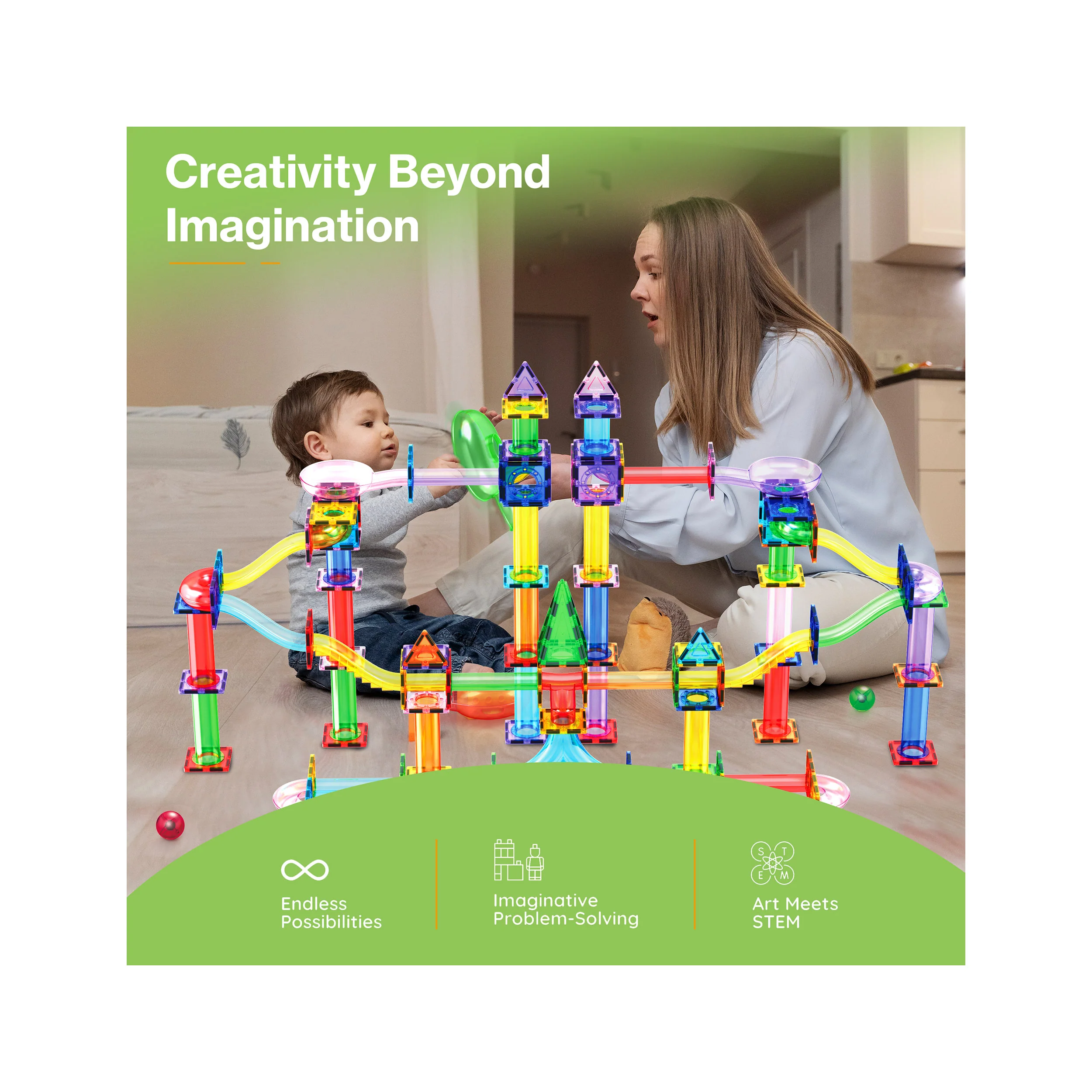 PicassoTiles Magnetic Tile Marble Run Starter Set (200 Pieces) with LED Marbles - Image 6