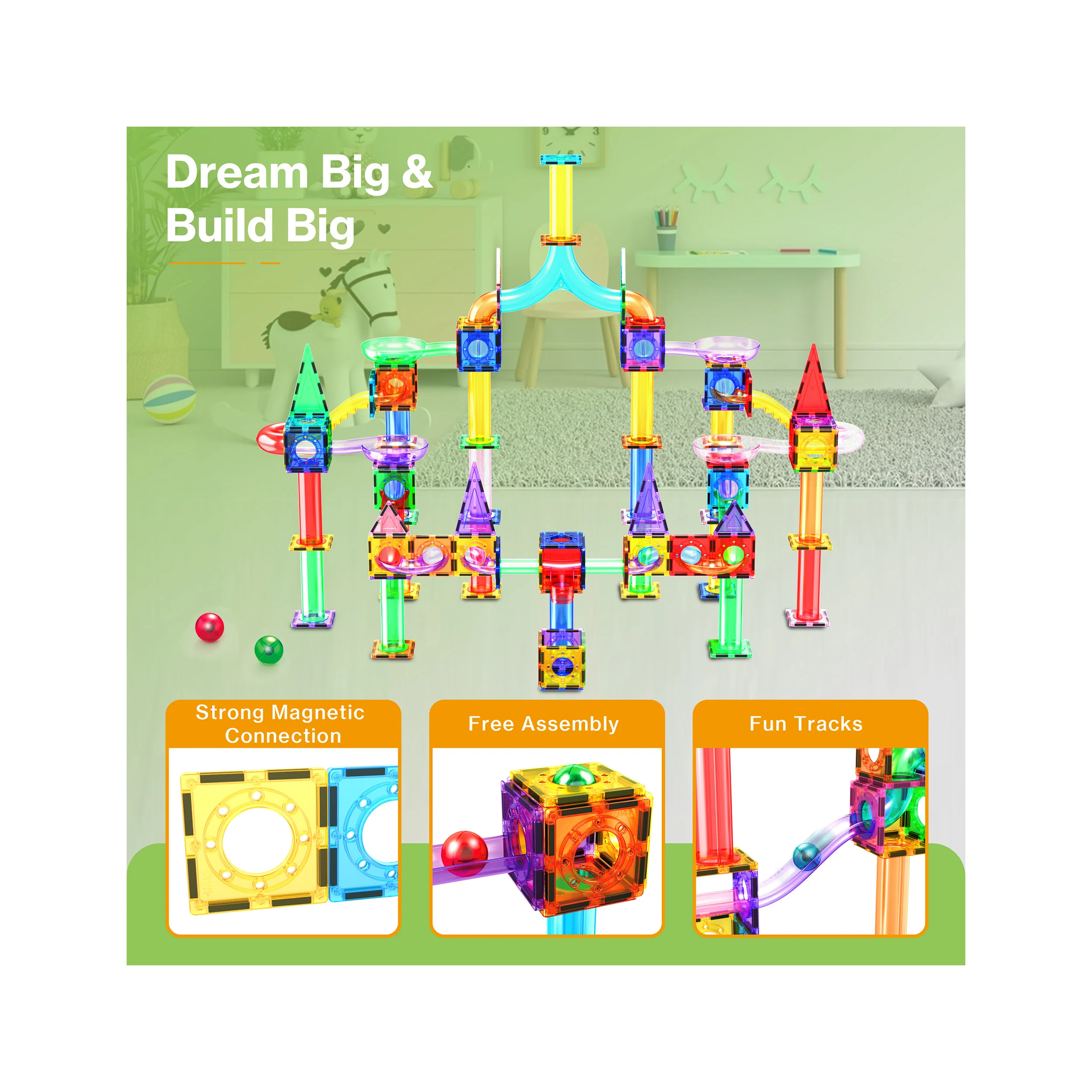 PicassoTiles Magnetic Tile Marble Run Starter Set (200 Pieces) with LED Marbles - Image 7