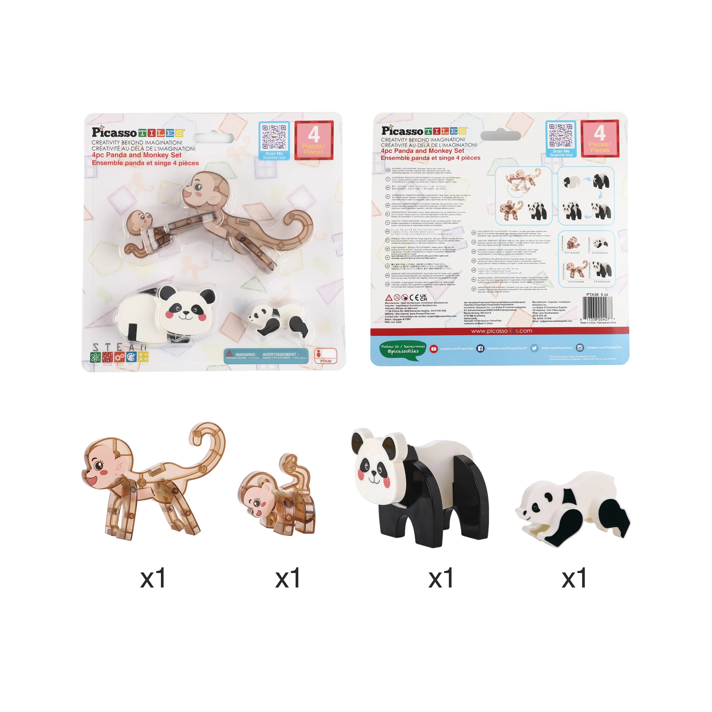 PicassoTiles Panda & Monkey Parent and Baby Characters Playset – 4 Pieces - Image 5