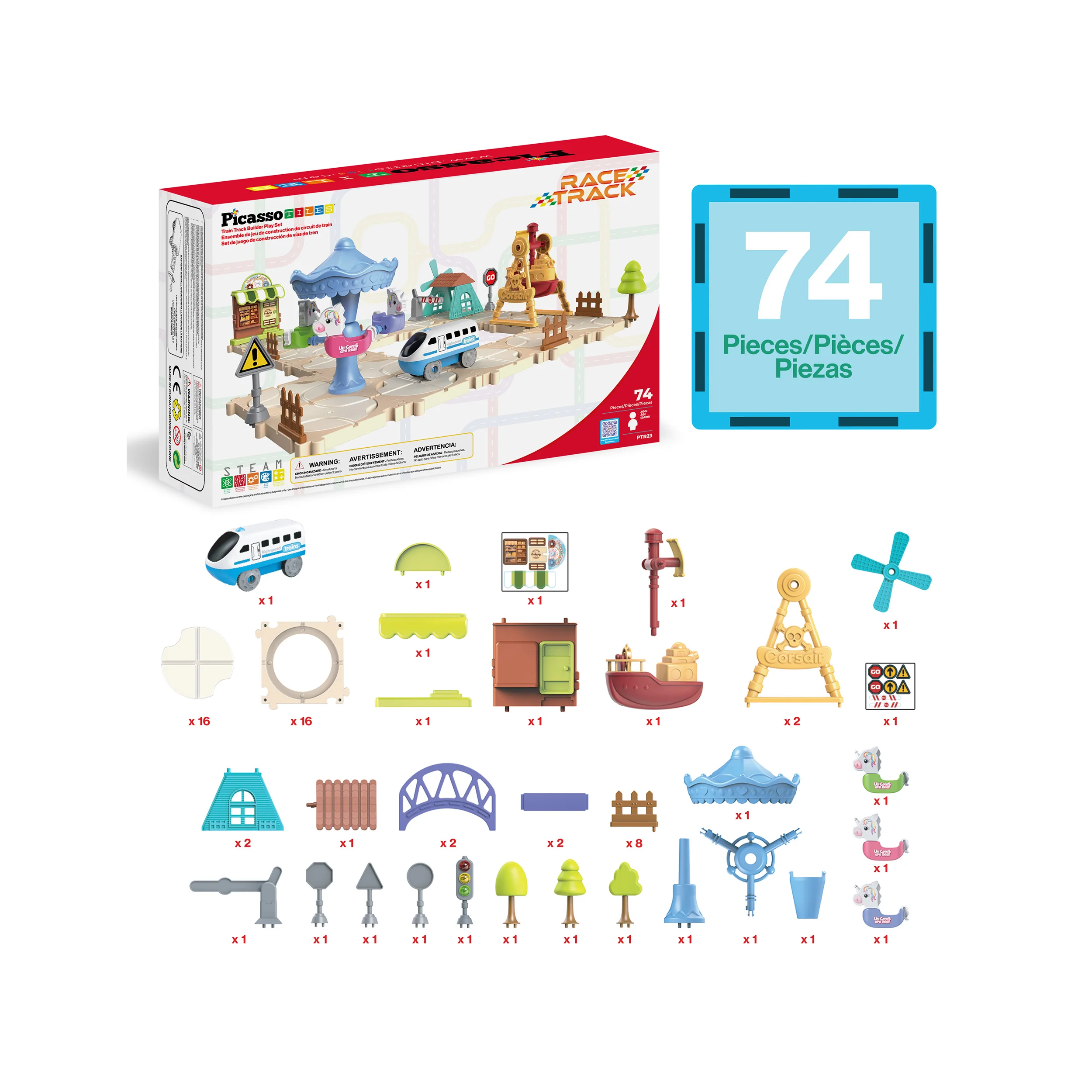 PicassoTiles 74PC Train Track Builder Set STEM Construction Toy for Kids 3+ - Image 3