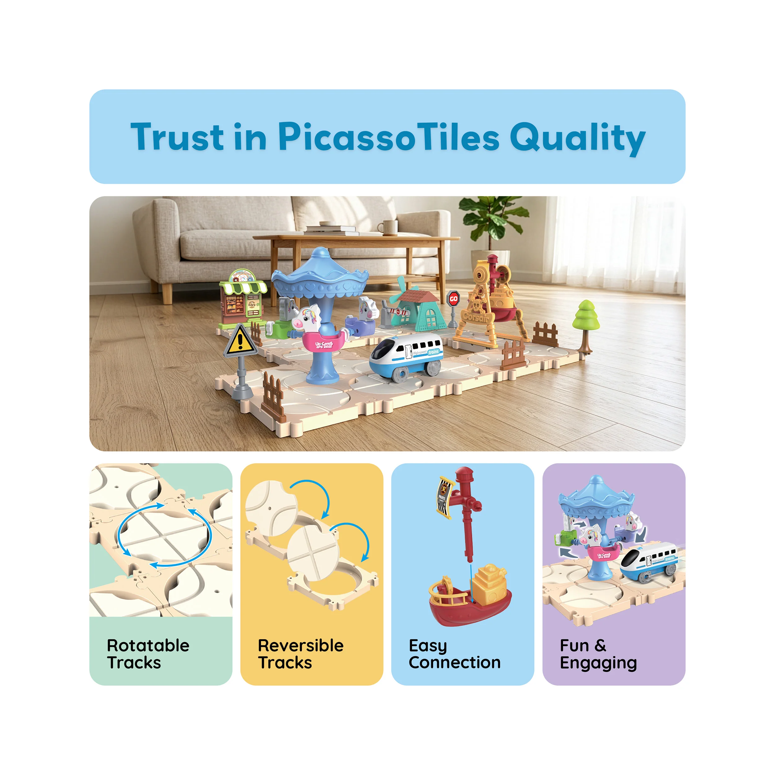 PicassoTiles 74PC Train Track Builder Set STEM Construction Toy for Kids 3+ - Image 8