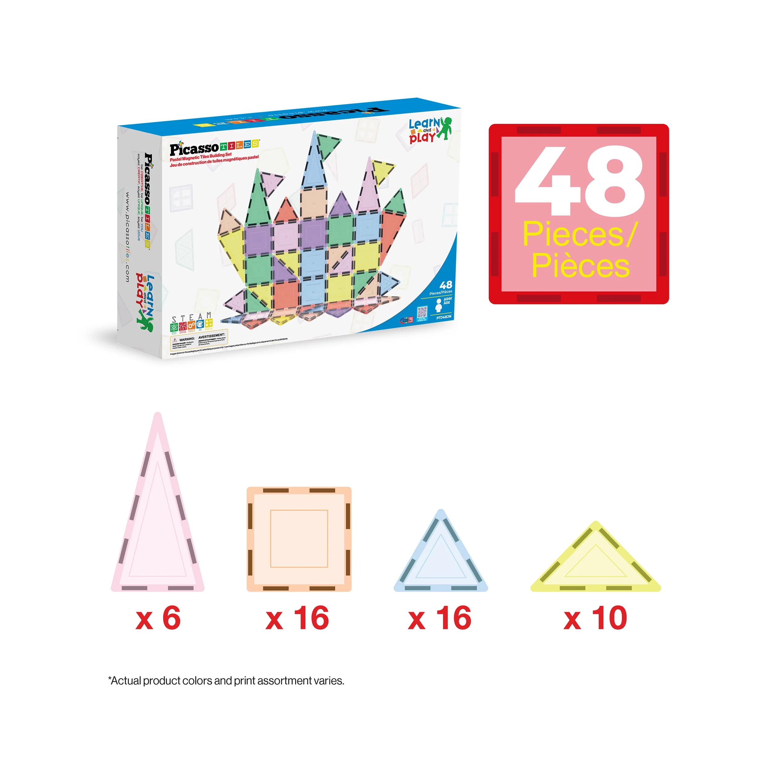 PicassoTiles Pastel Magnetic Tiles Building Set 48pc - Image 3