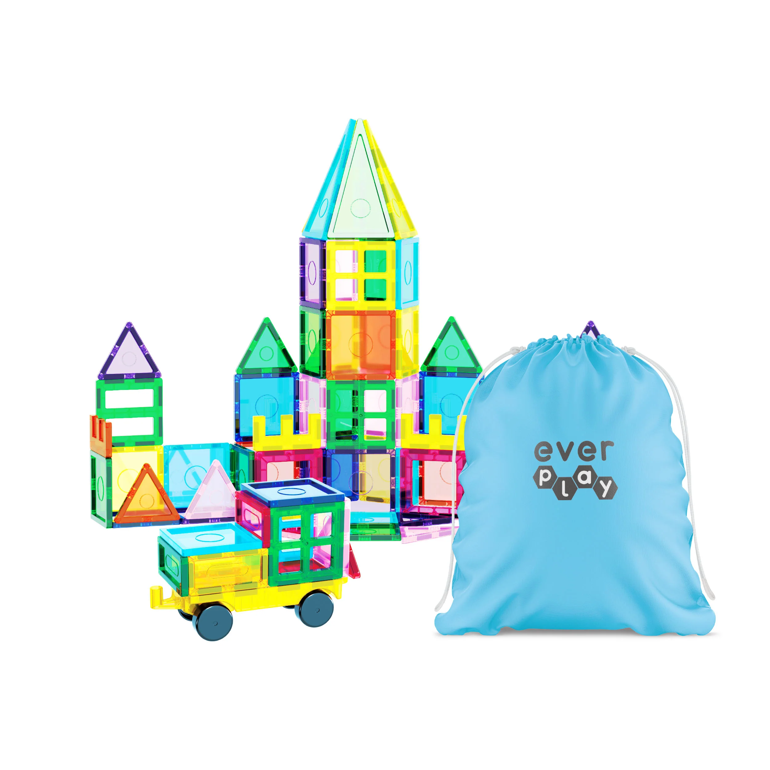 EverPlay 101pc Magnet Tile Building Blocks with Car Base Drawstring Carry Bag - Image 2