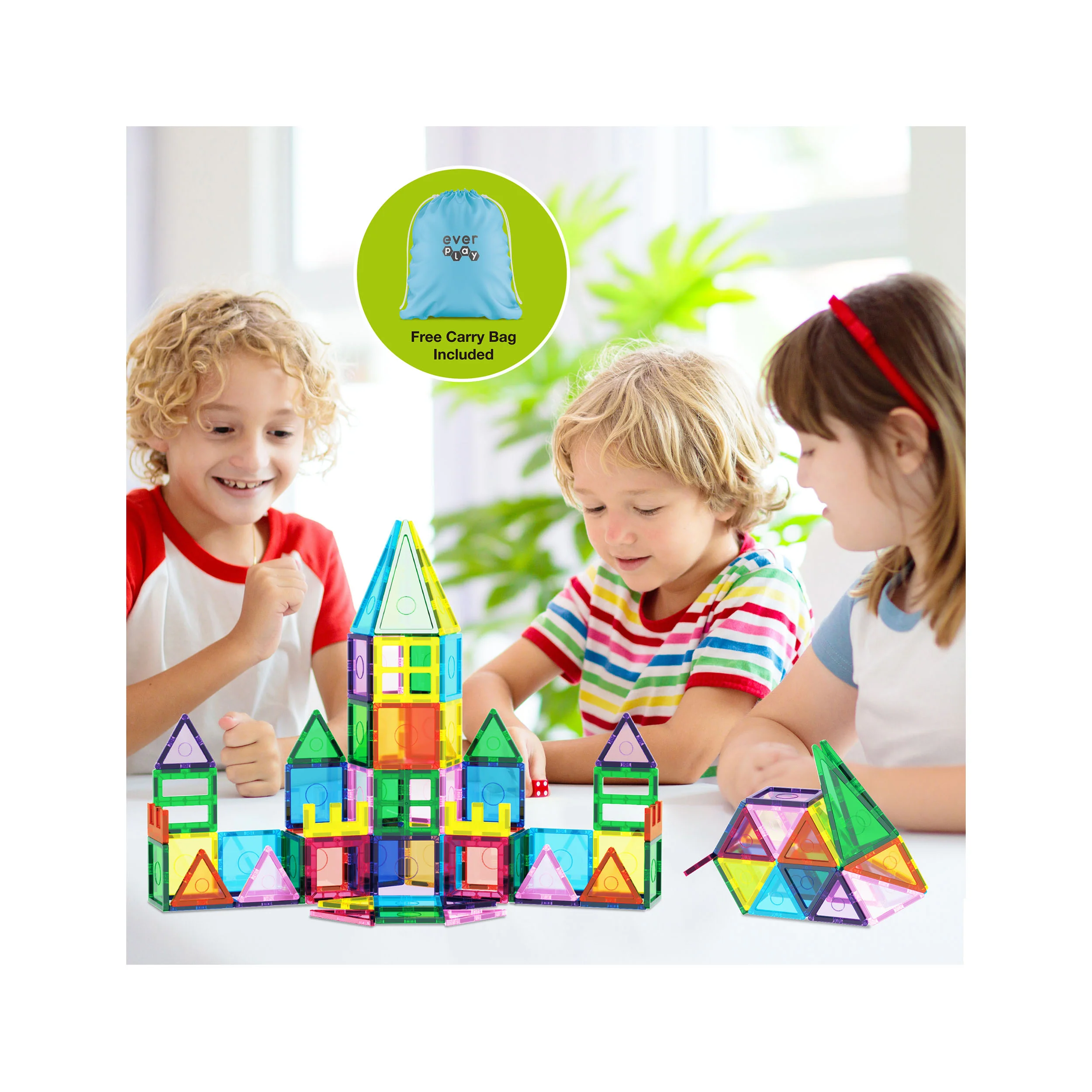EverPlay 101pc Magnet Tile Building Blocks with Car Base Drawstring Carry Bag - Image 3