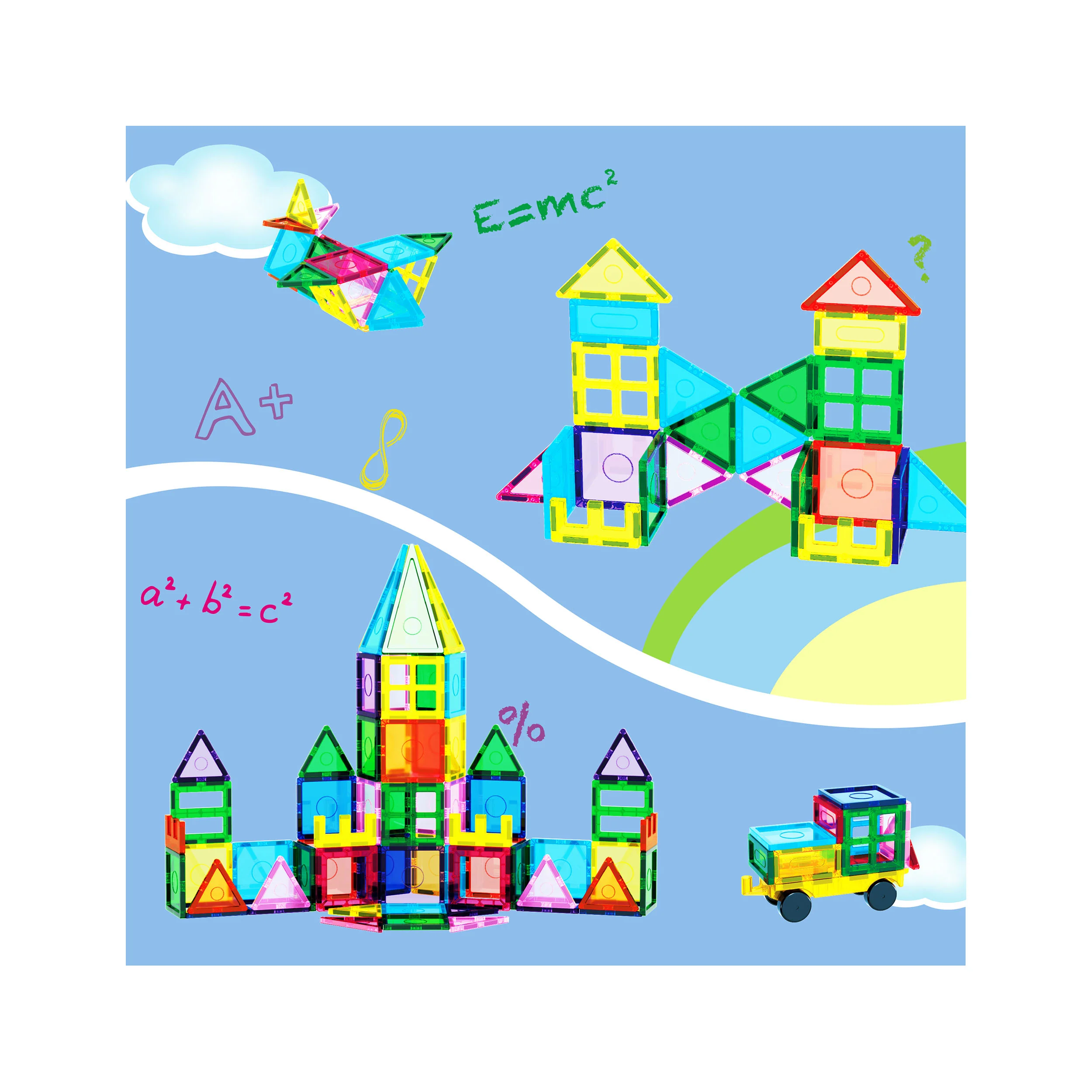 EverPlay 101pc Magnet Tile Building Blocks with Car Base Drawstring Carry Bag - Image 5