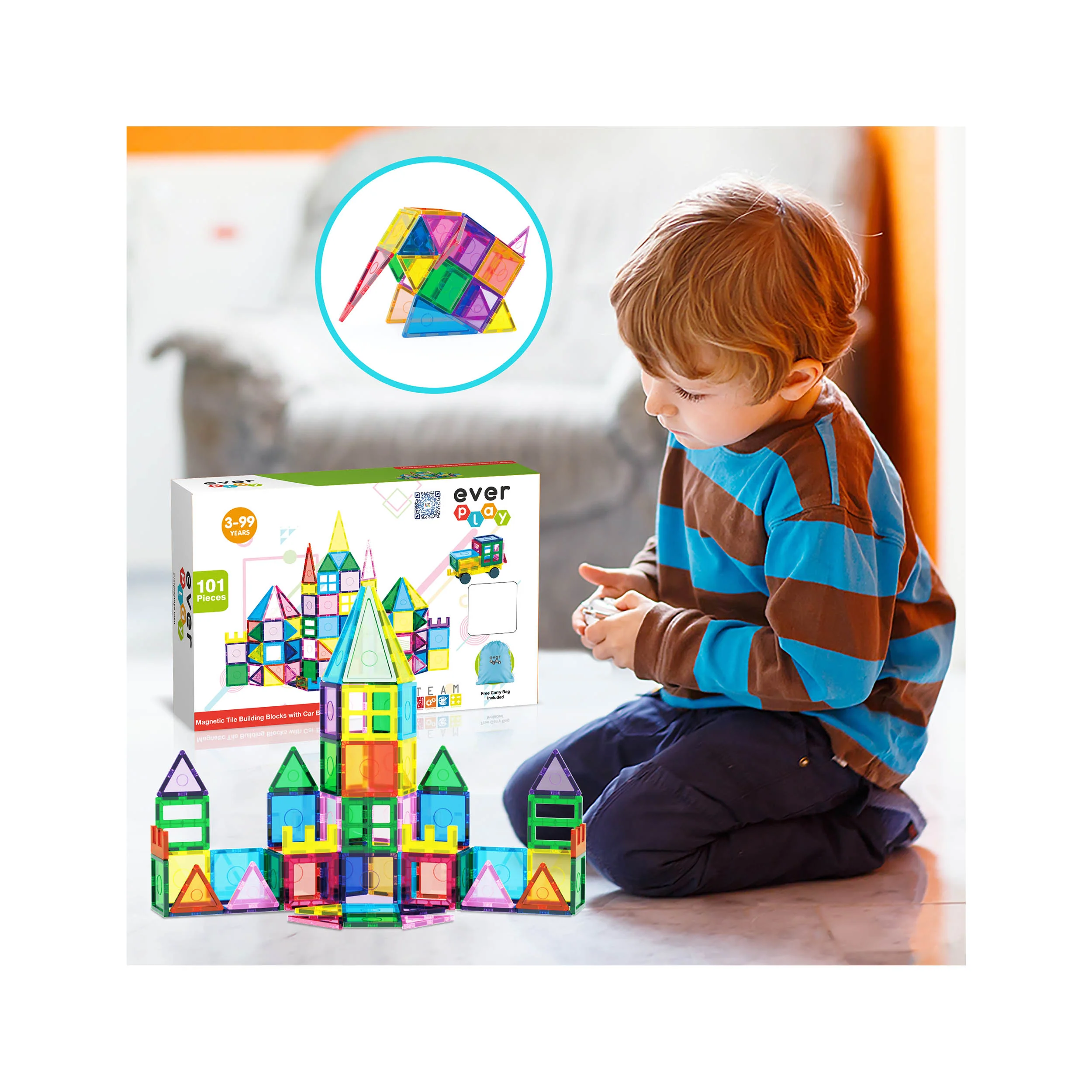 EverPlay 101pc Magnet Tile Building Blocks with Car Base Drawstring Carry Bag - Image 6
