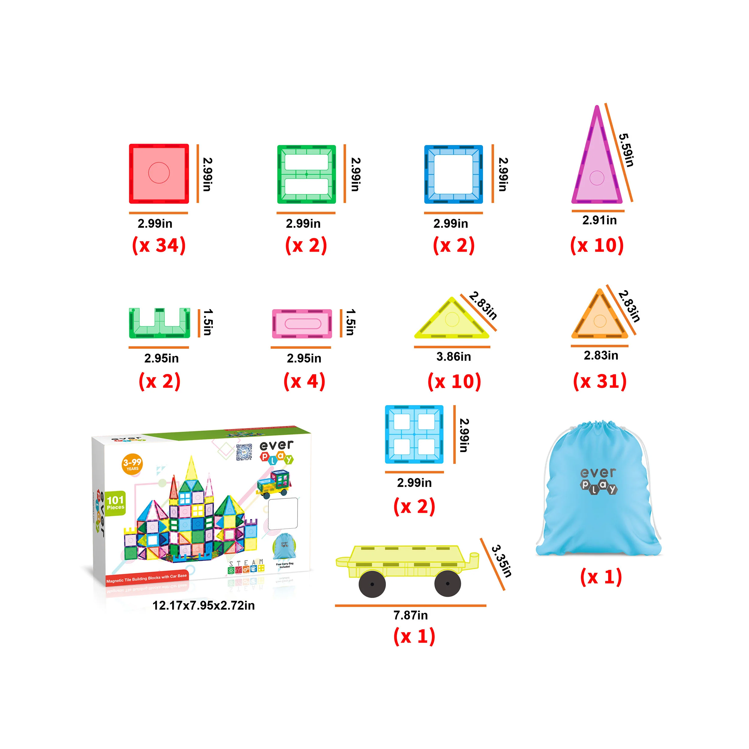 EverPlay 101pc Magnet Tile Building Blocks with Car Base Drawstring Carry Bag - Image 8