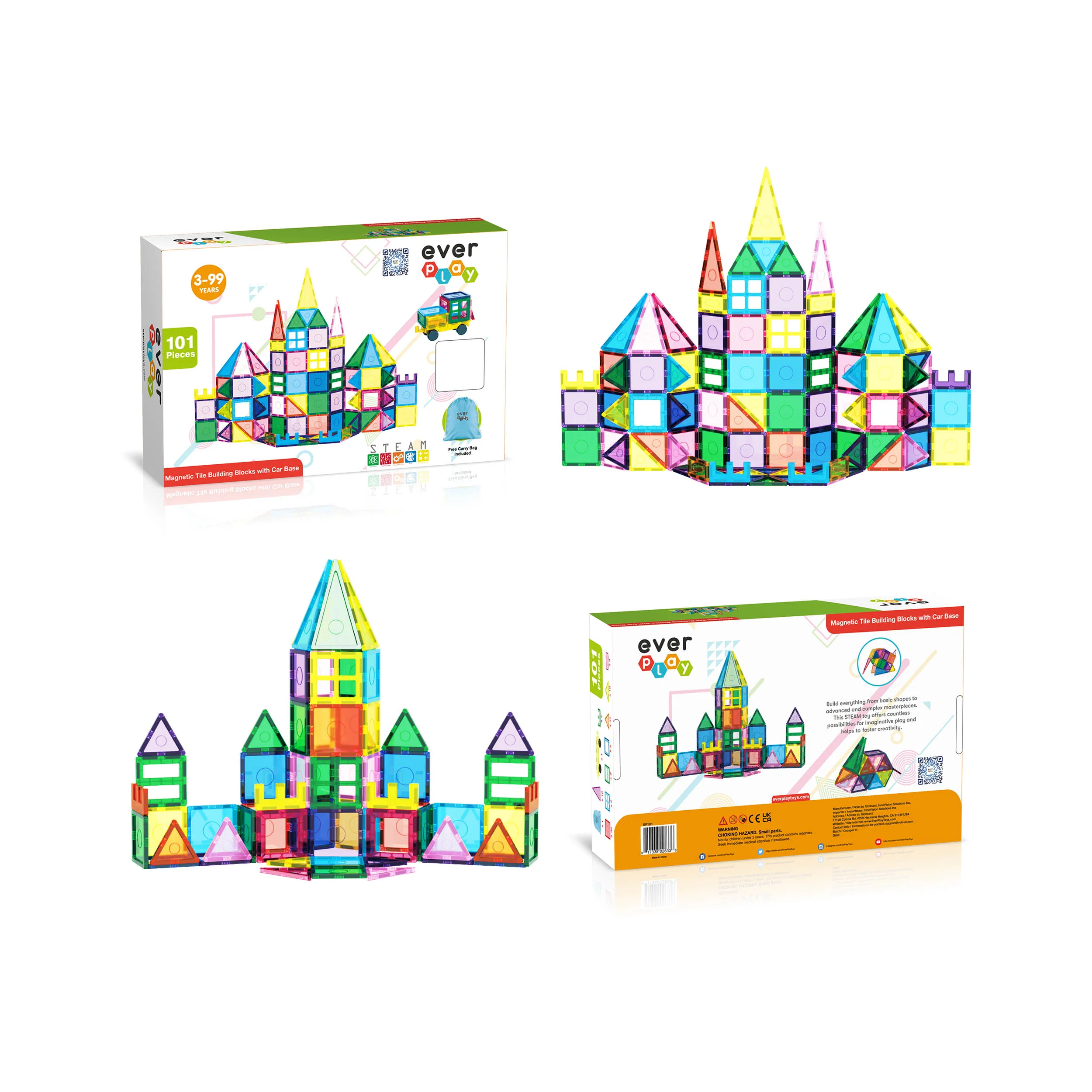 EverPlay 101pc Magnet Tile Building Blocks with Car Base Drawstring Carry Bag - Image 9