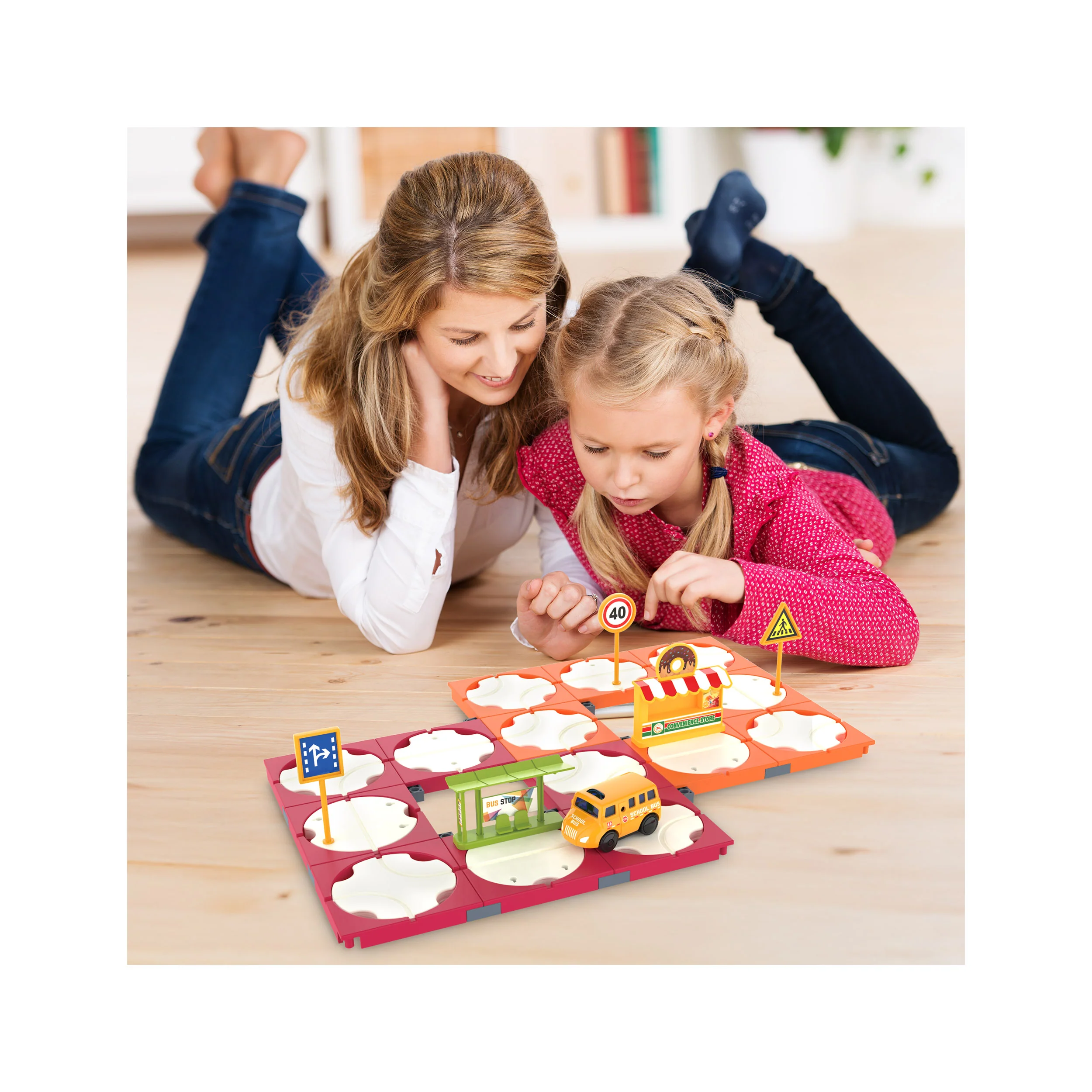 EverPlay 60pc Rotating Reversible Race Track Building Block Set with School Bus - Image 2