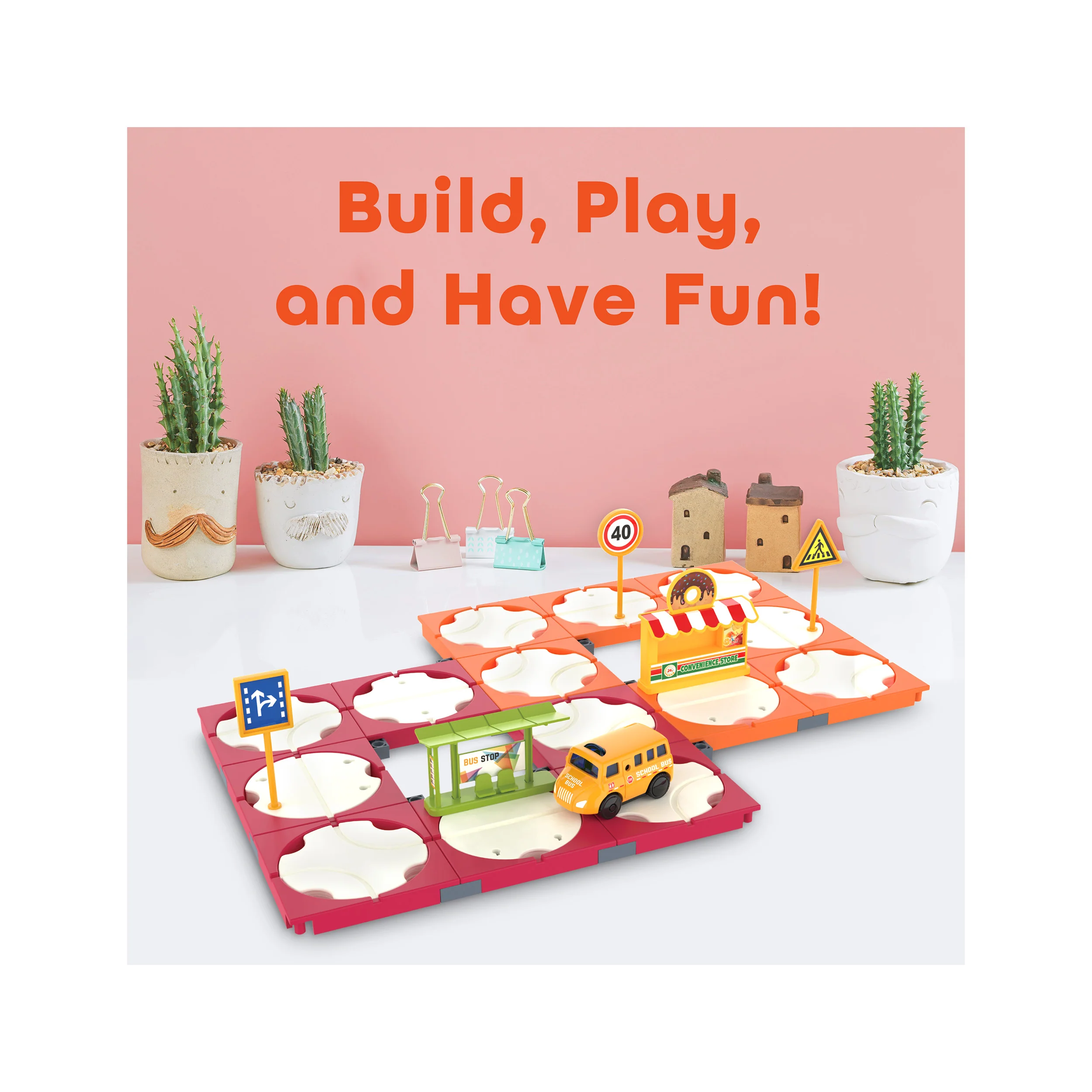 EverPlay 60pc Rotating Reversible Race Track Building Block Set with School Bus - Image 4