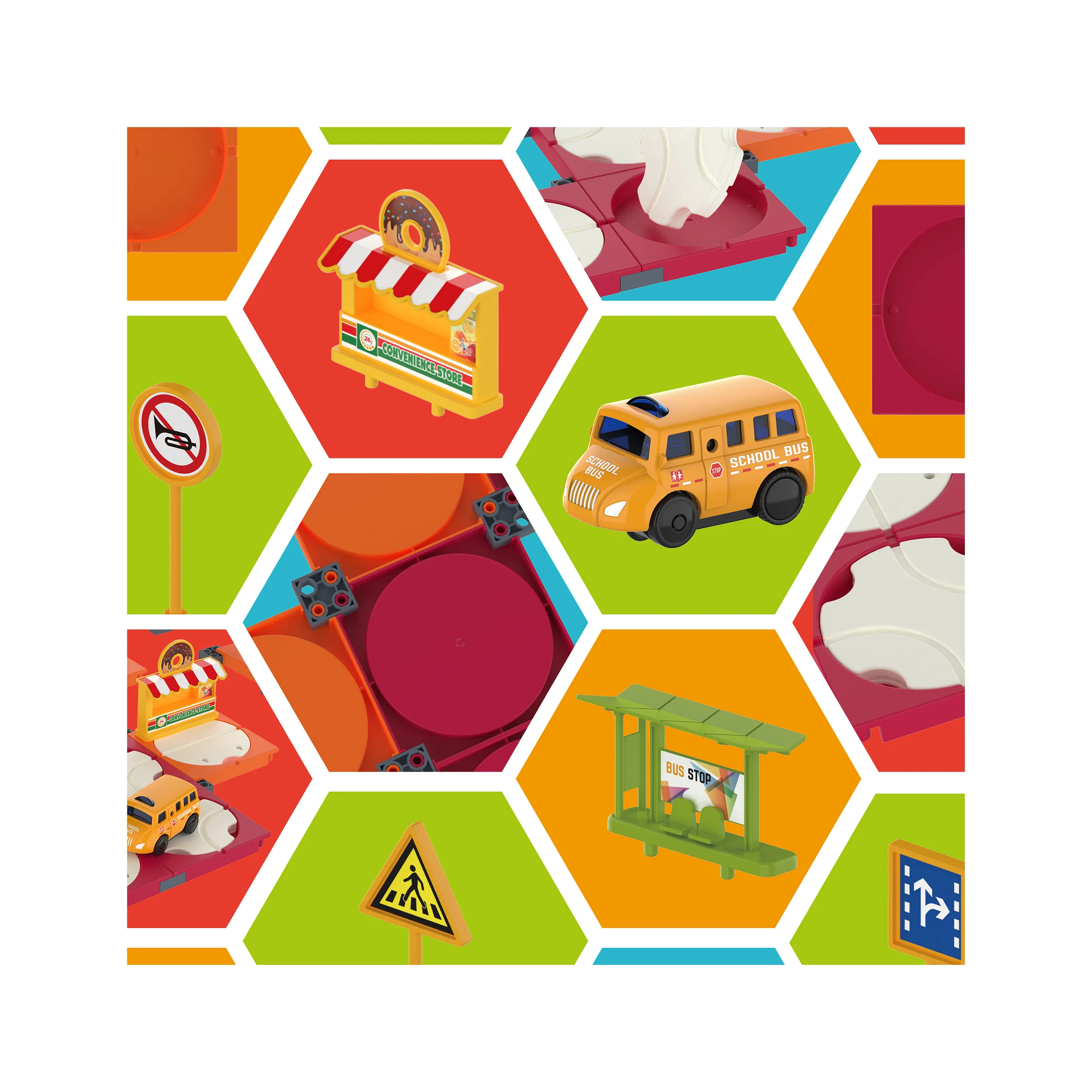 EverPlay 60pc Rotating Reversible Race Track Building Block Set with School Bus - Image 5