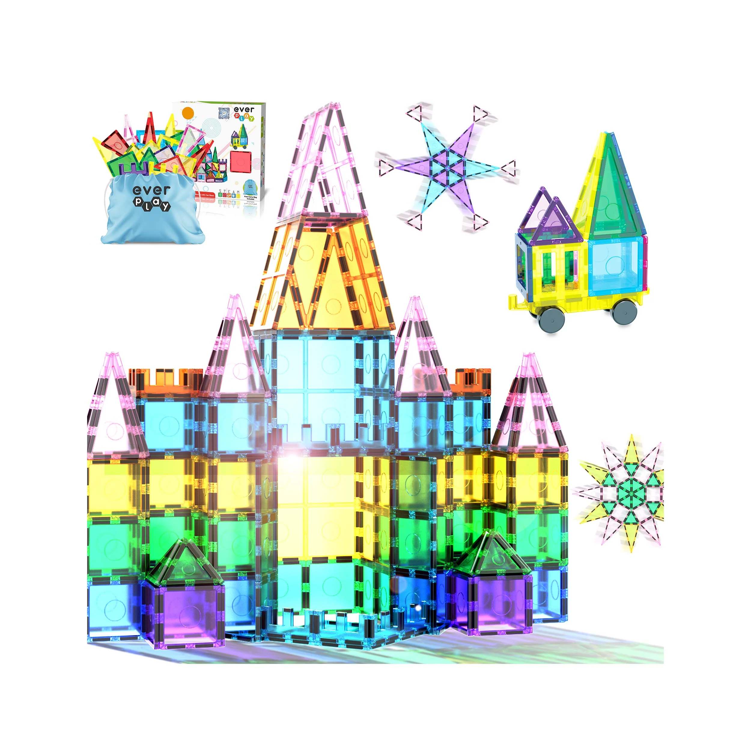 EverPlay 61pc Magnet Tile Building Blocks with Car Base Drawstring Bag