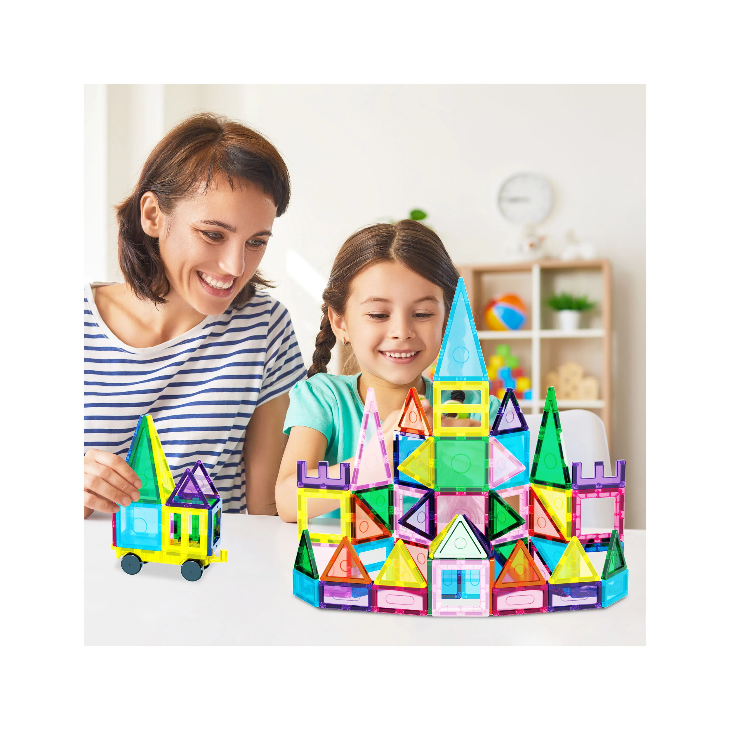 EverPlay 61pc Magnet Tile Building Blocks with Car Base Drawstring Bag - Image 2