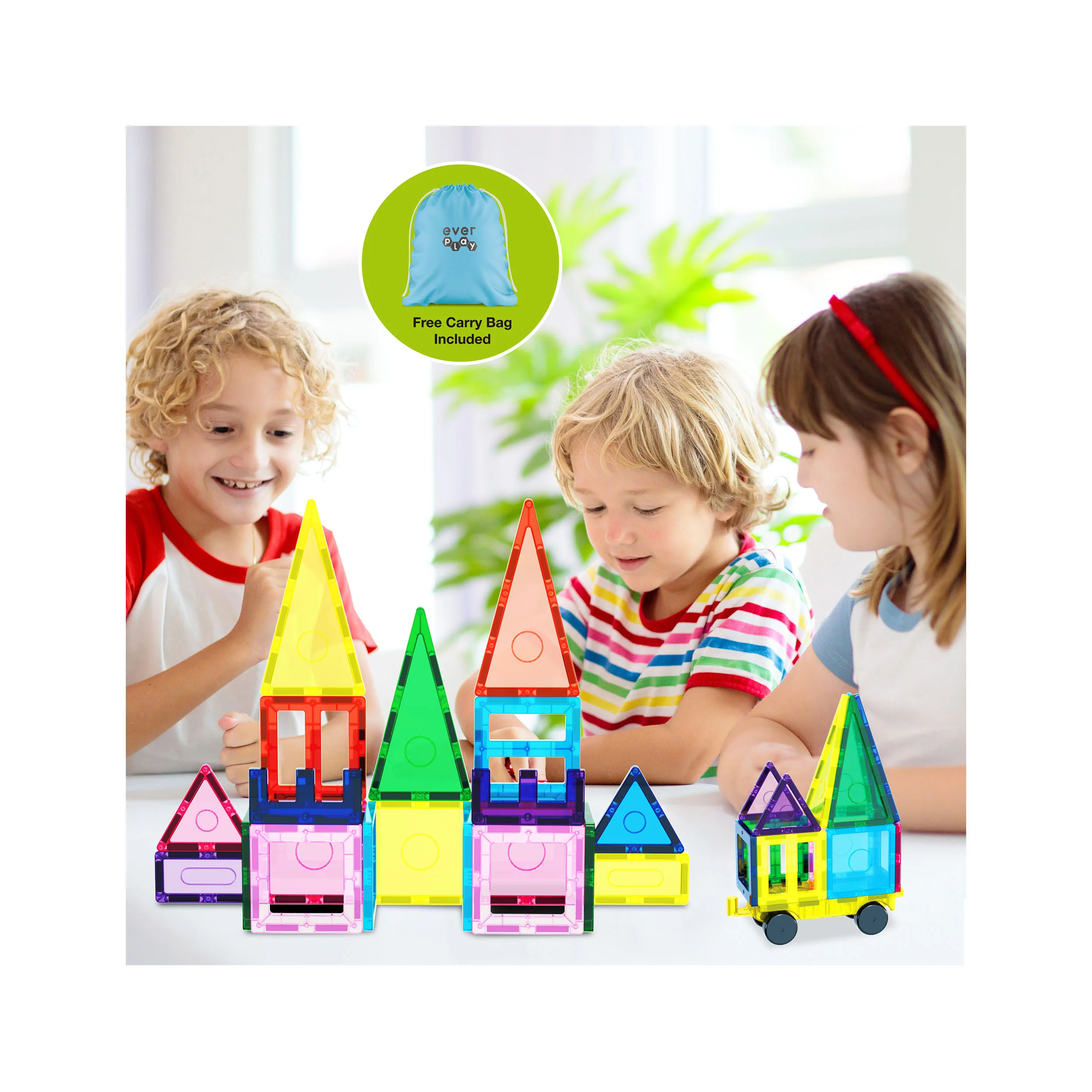 EverPlay 61pc Magnet Tile Building Blocks with Car Base Drawstring Bag - Image 5