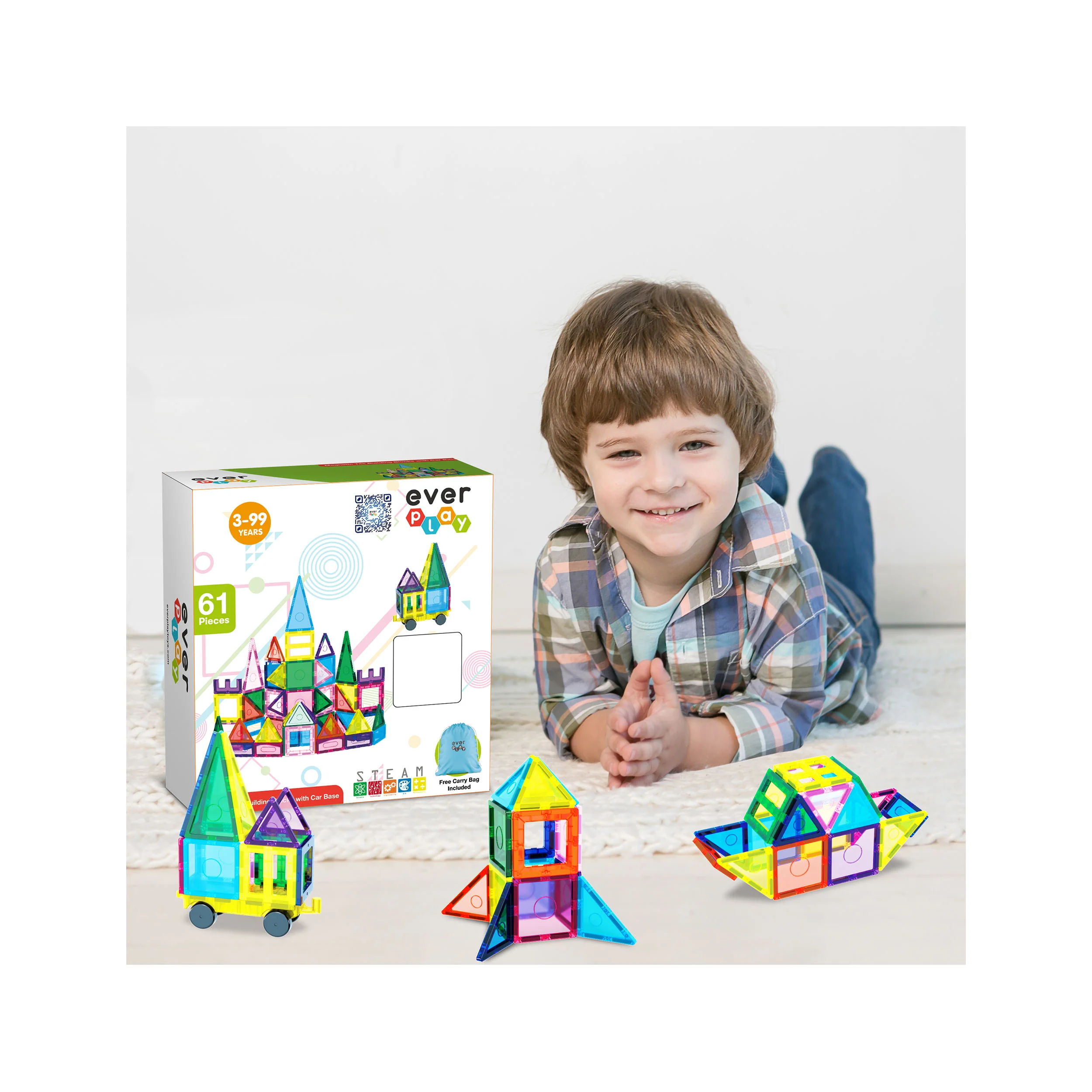 EverPlay 61pc Magnet Tile Building Blocks with Car Base Drawstring Bag - Image 6