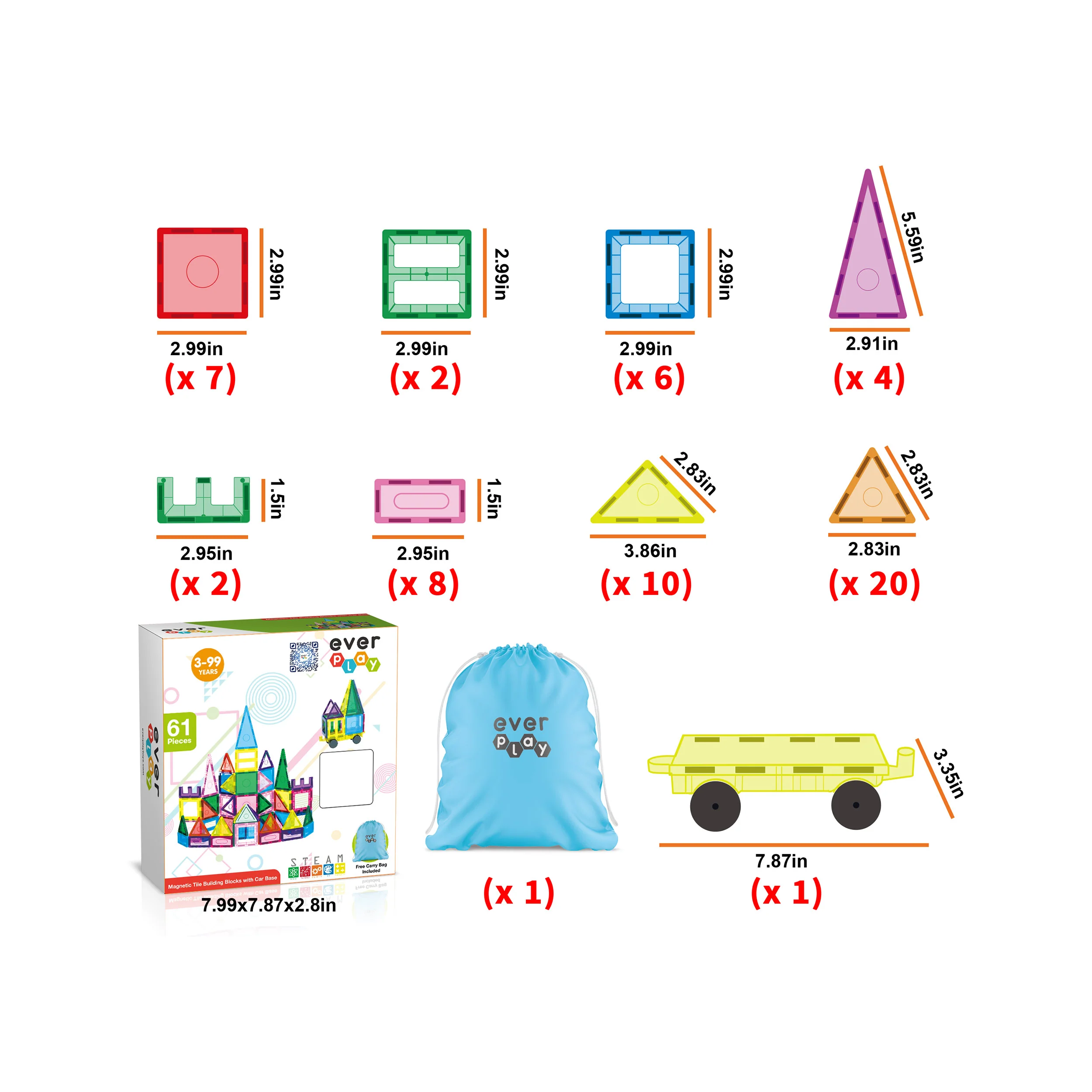 EverPlay 61pc Magnet Tile Building Blocks with Car Base Drawstring Bag - Image 7