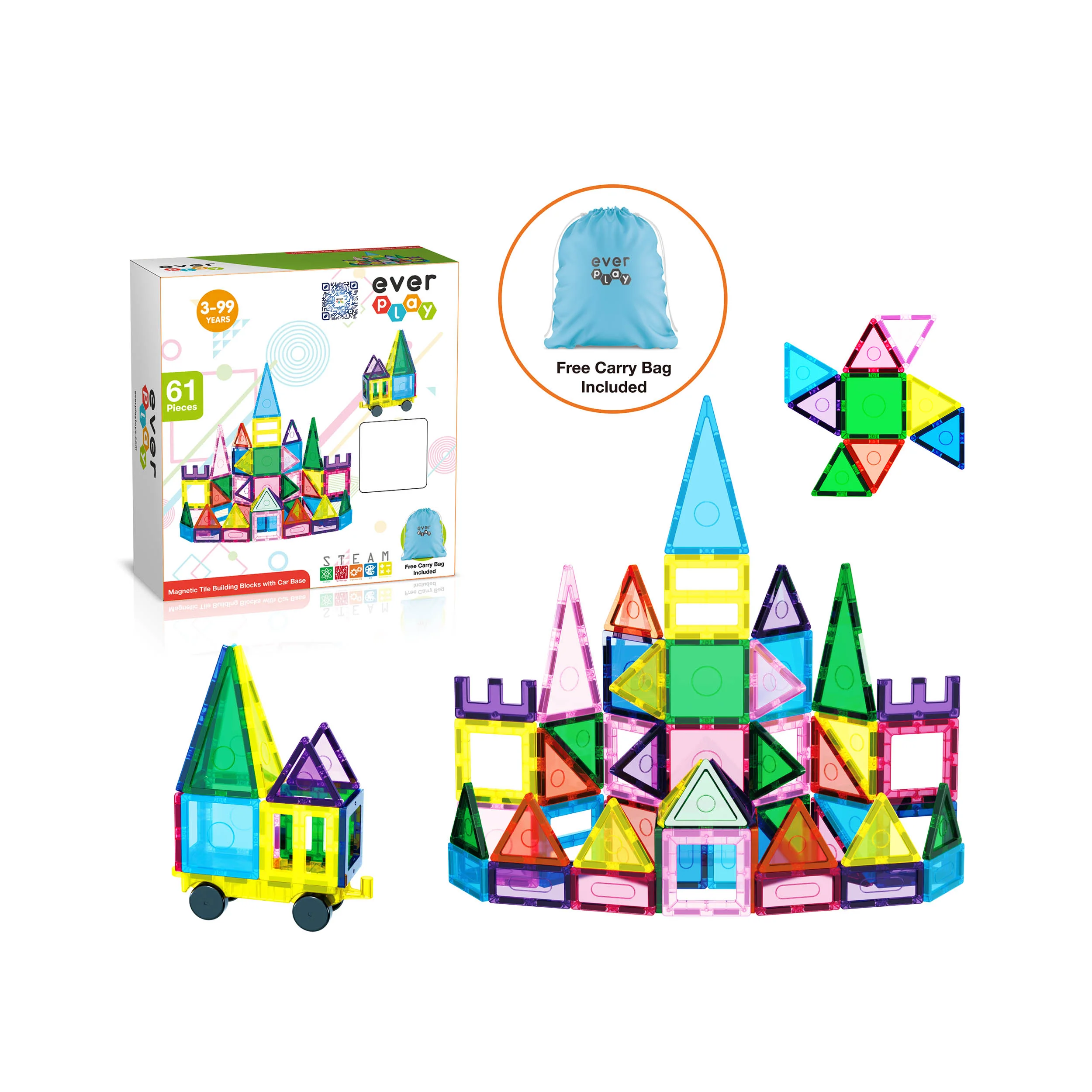 EverPlay 61pc Magnet Tile Building Blocks with Car Base Drawstring Bag - Image 8