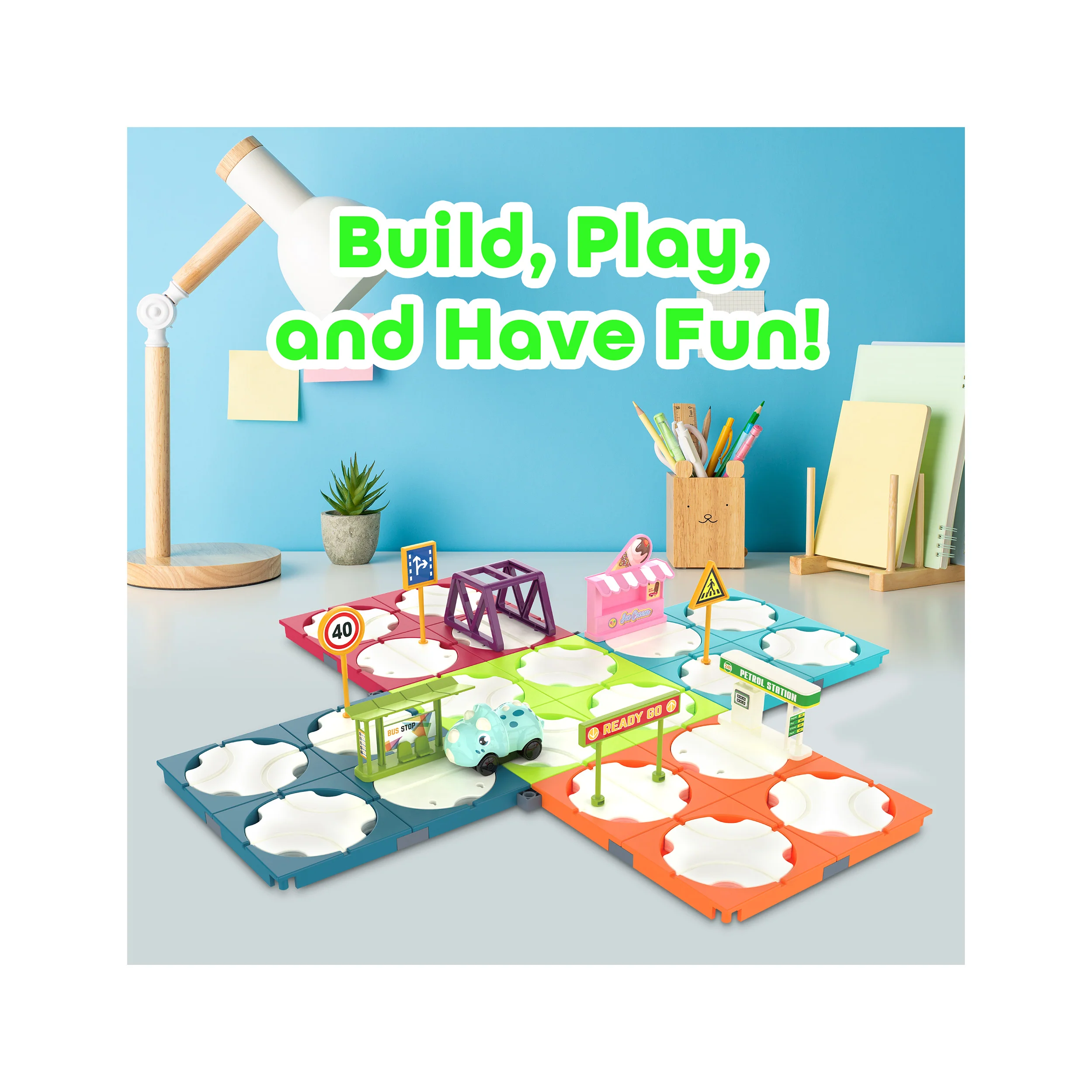 EverPlay 85pc Race Track Reversible Builder Set with Dino Vehicle - Image 4
