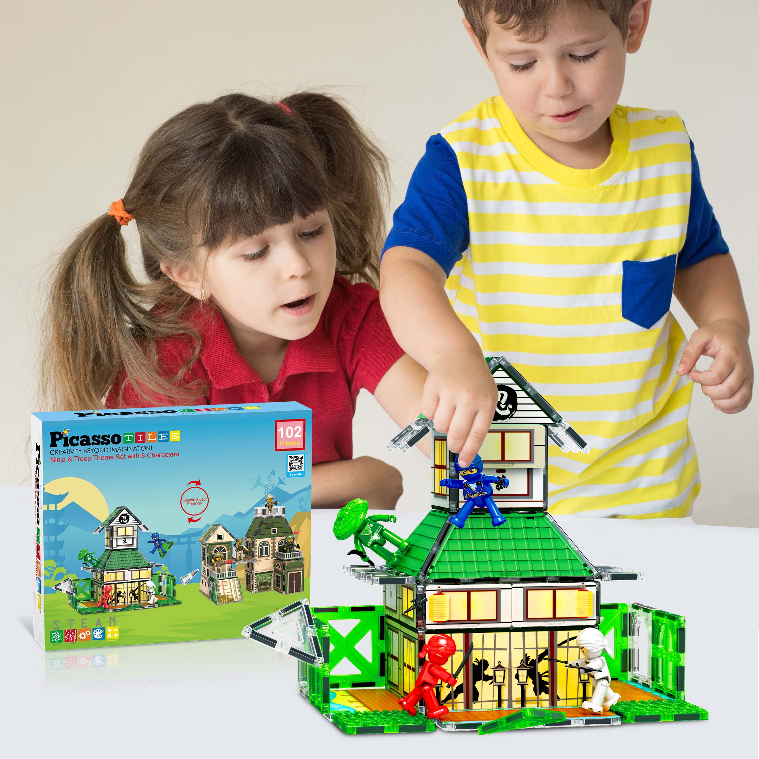 PicassoTiles 102pc Magnetic Tile 2-in-1 Ninja & Troops Set - Image 2
