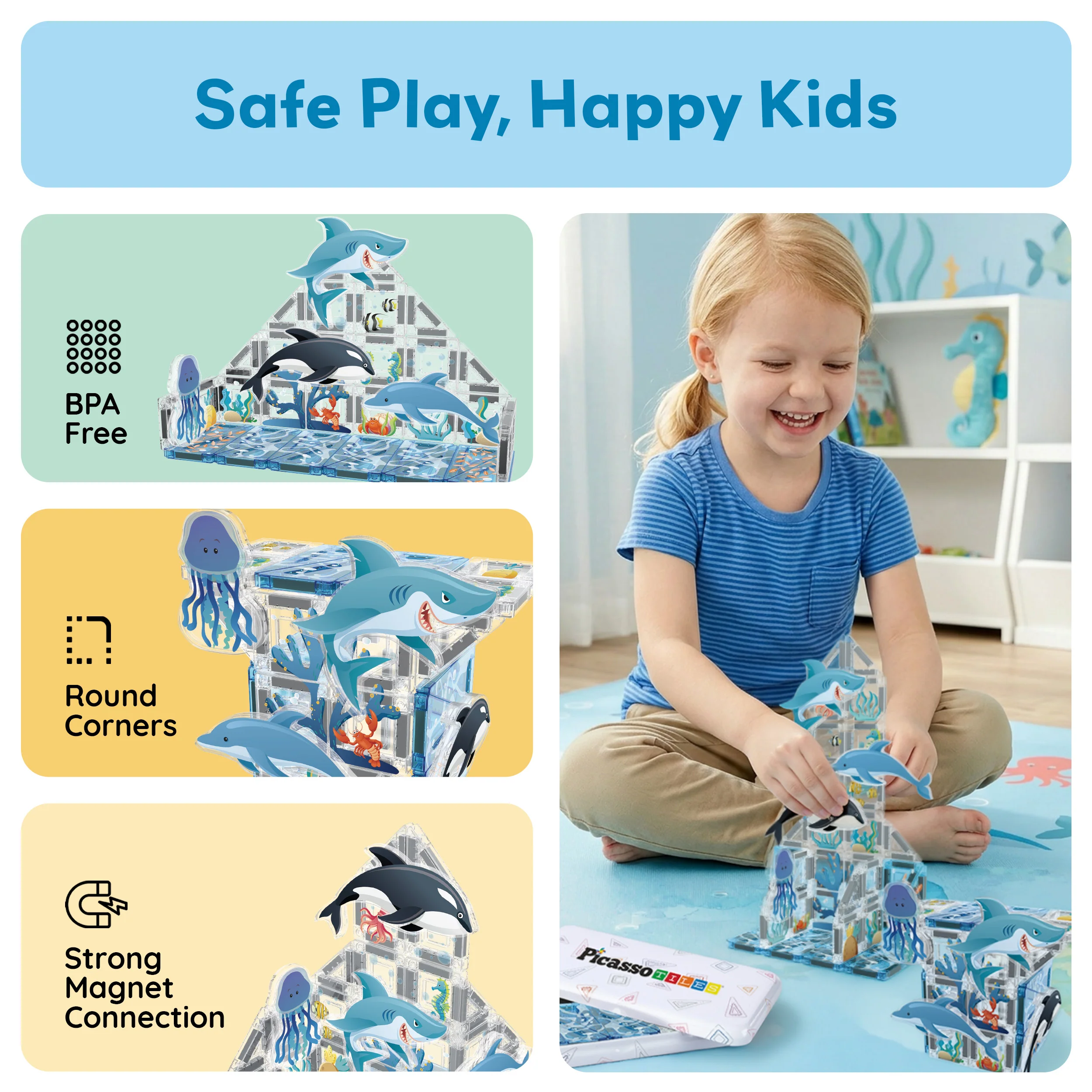 PicassoTiles Mini Magnetic Tiles Travel Set Aquarium 40pc - Image 6