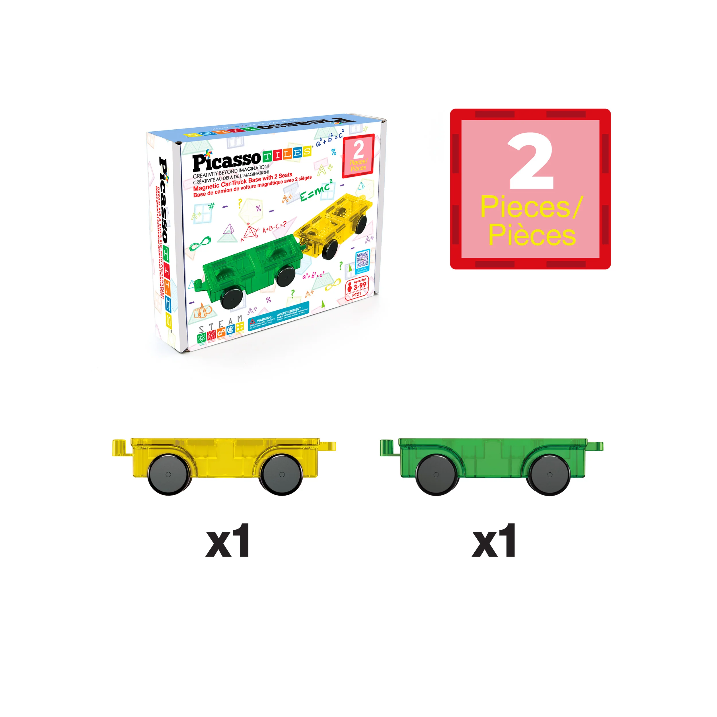PicassoTiles 2 Piece Car Truck Base Magnetic Tile Set - Image 3