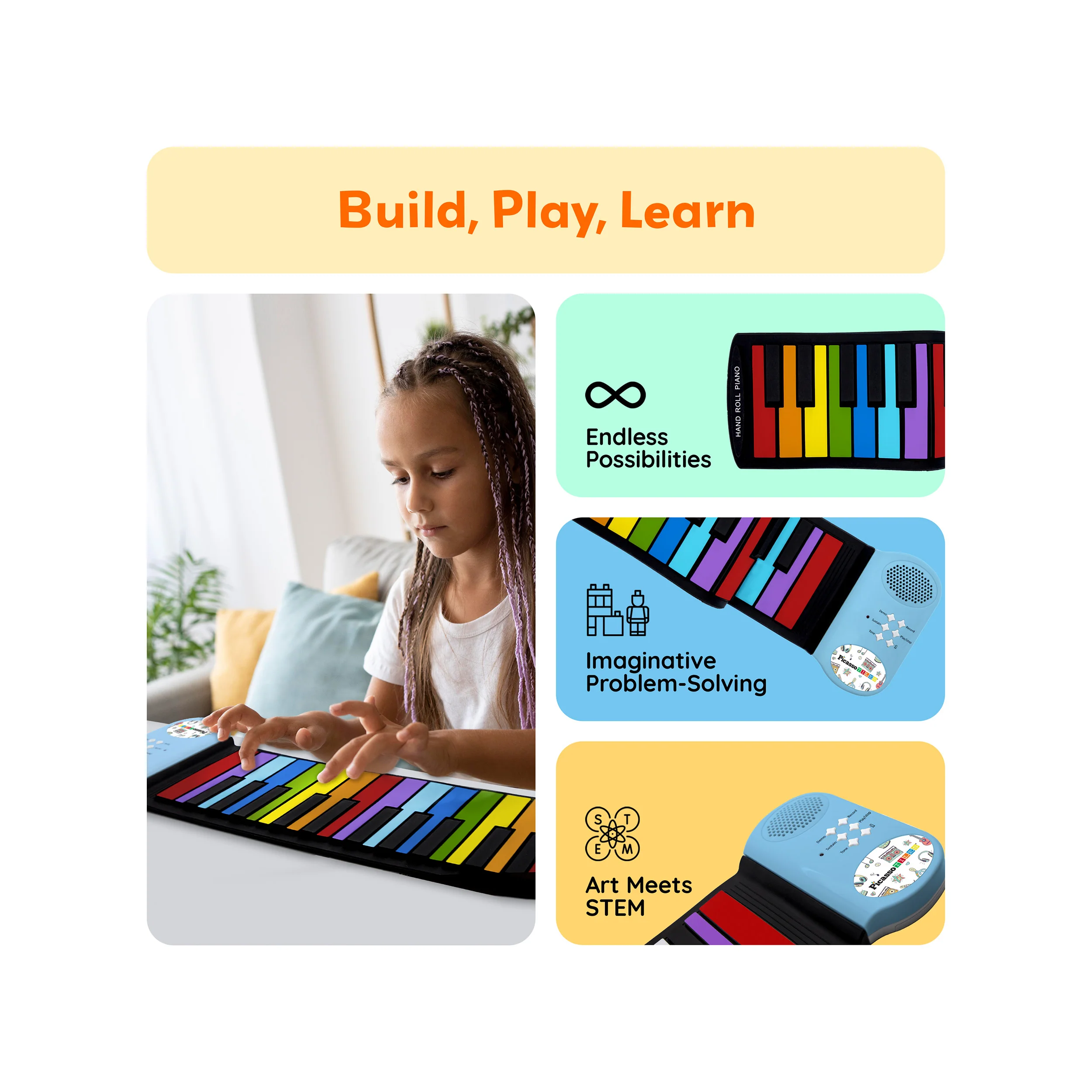 PicassoTiles Kid's 49 Colorful Key Roll-Up Educational Keyboard - Image 4