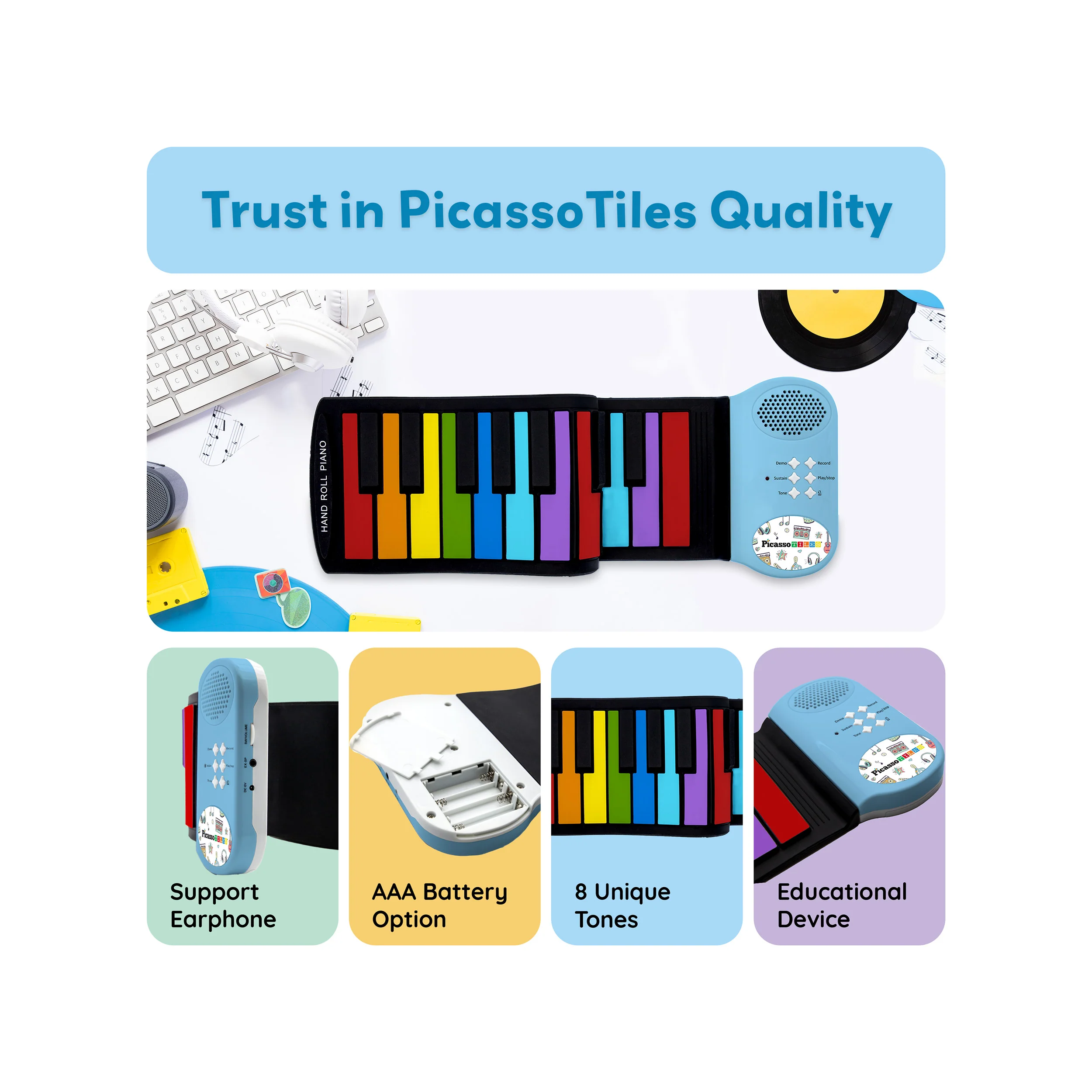 PicassoTiles Kid's 49 Colorful Key Roll-Up Educational Keyboard - Image 8