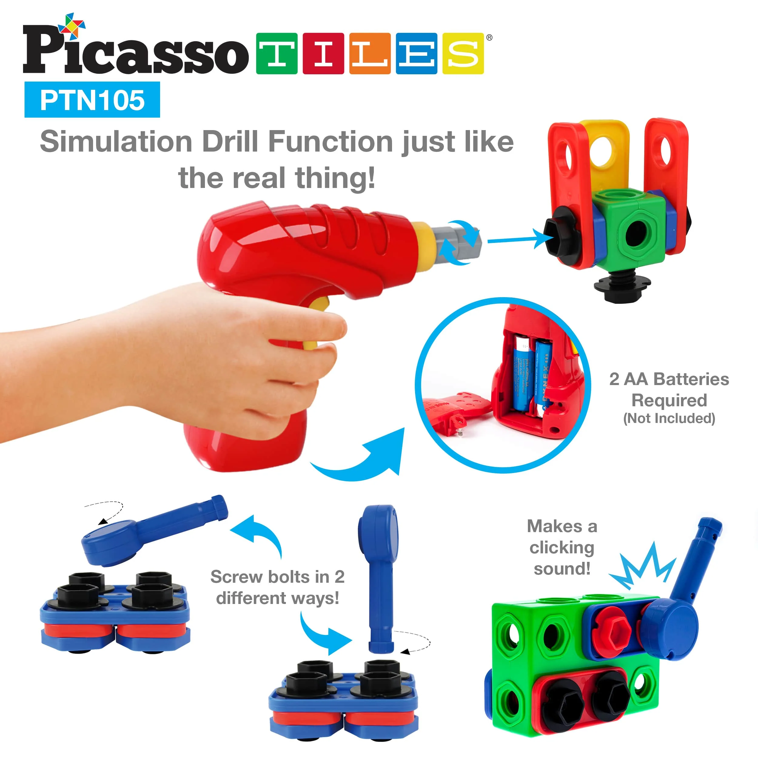 PicassoTiles 105pc Engineering Construction Set with Power Drill - Image 5