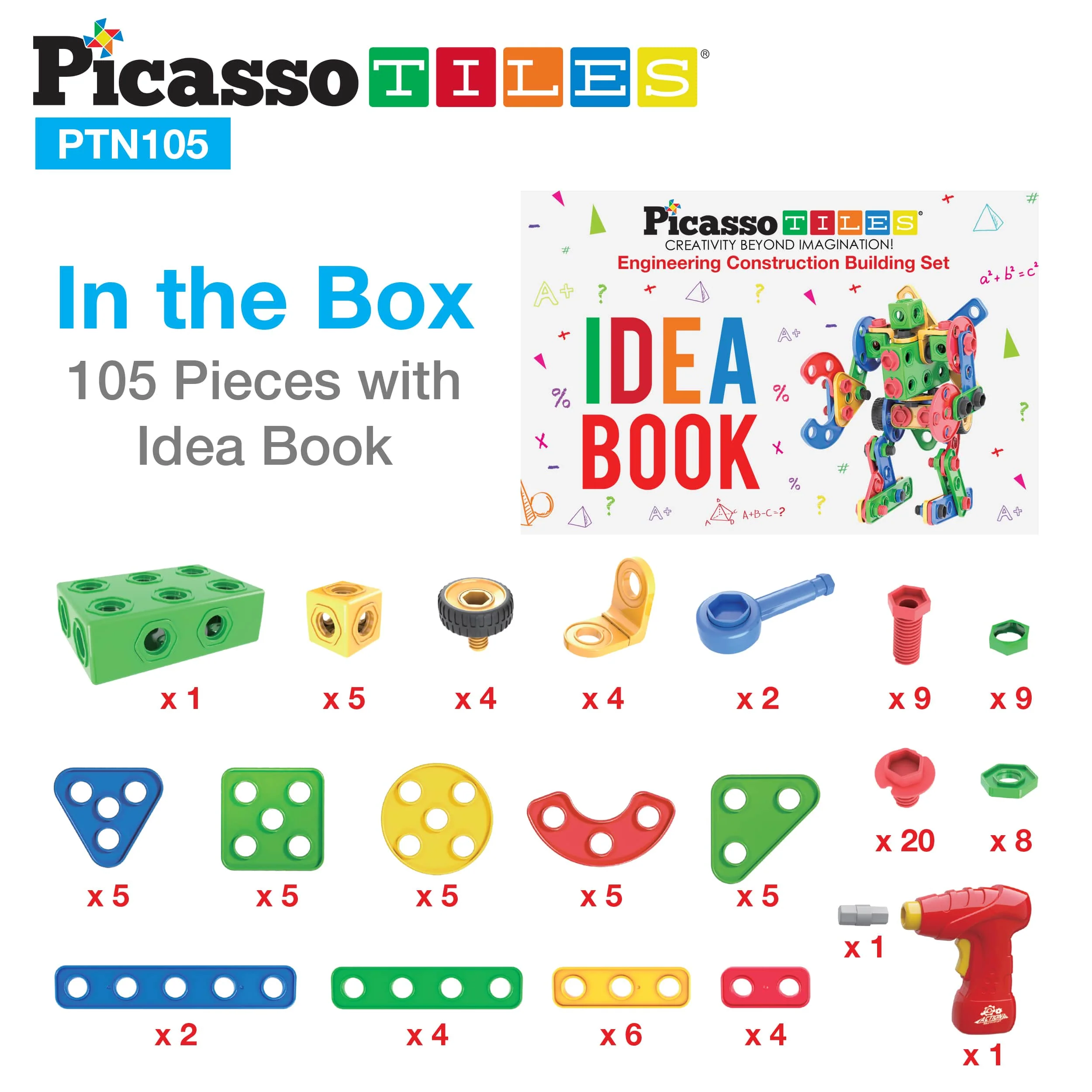 PicassoTiles 105pc Engineering Construction Set with Power Drill - Image 7