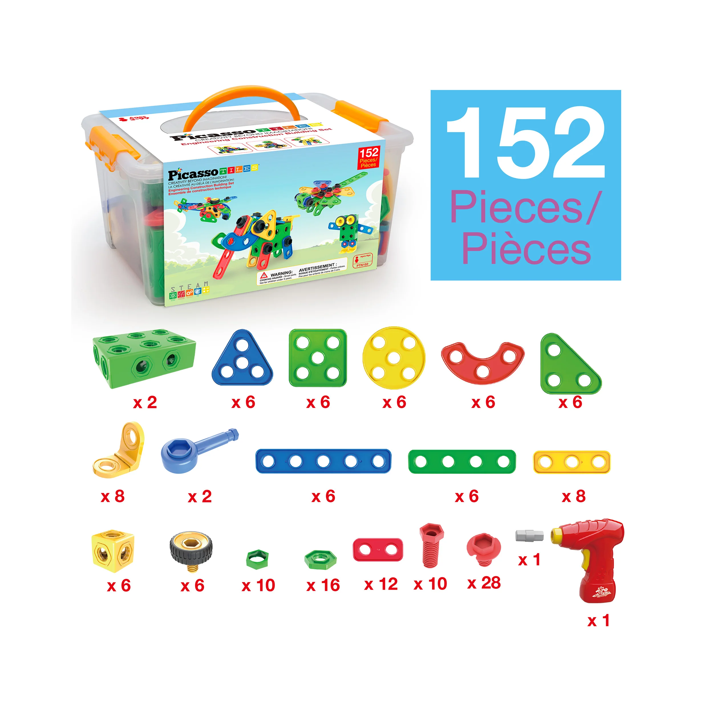 PicassoTiles 152pc Engineering Construction Set with Power Drill - Image 3