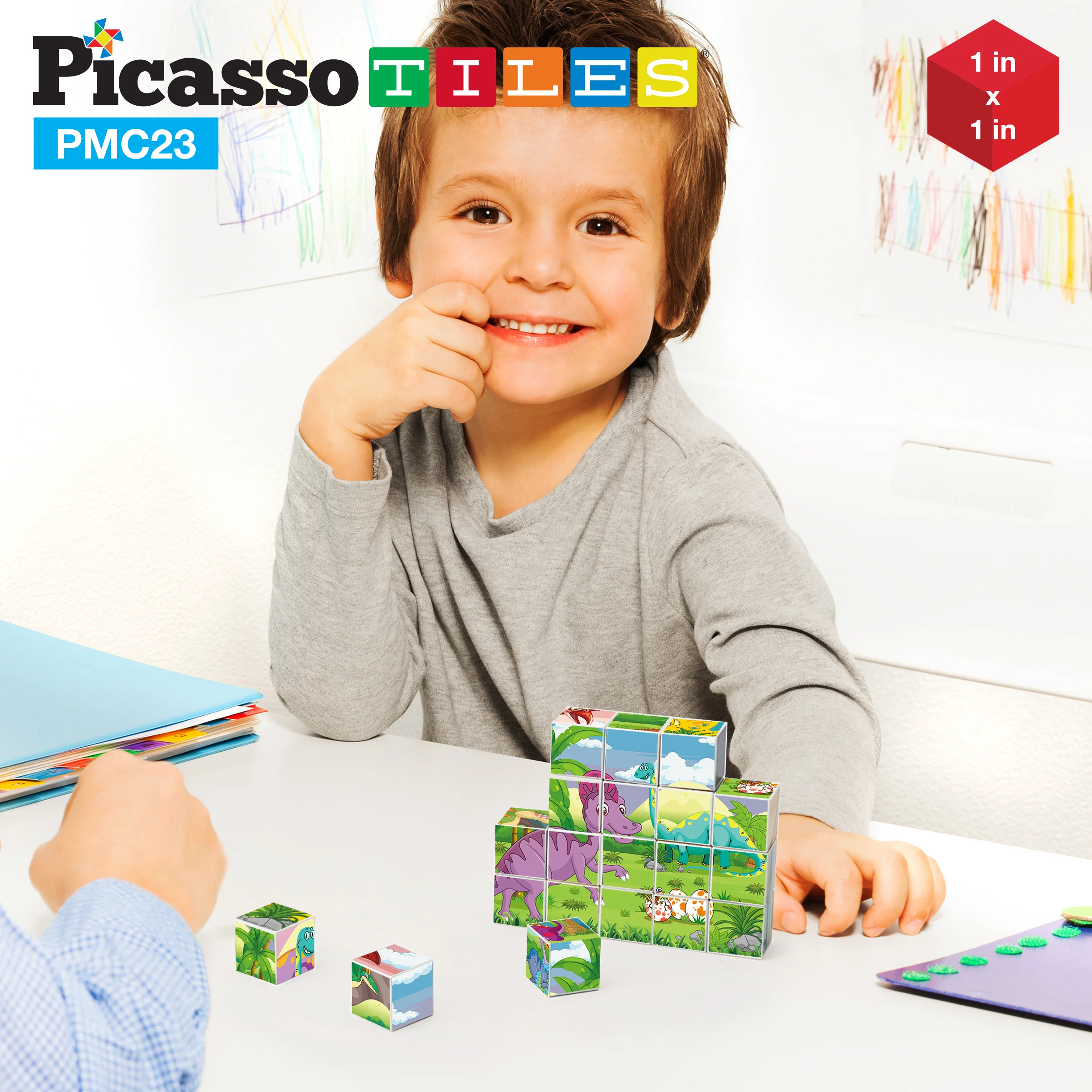 PicassoTiles 1" 20pc Magnetic Cube Puzzle Block Dinosaur Set - Image 2