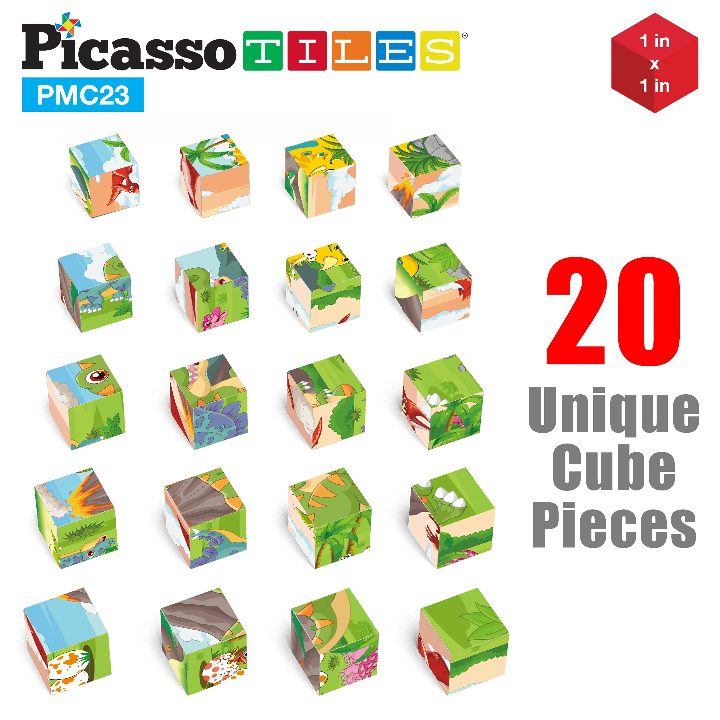 PicassoTiles 1" 20pc Magnetic Cube Puzzle Block Dinosaur Set - Image 4
