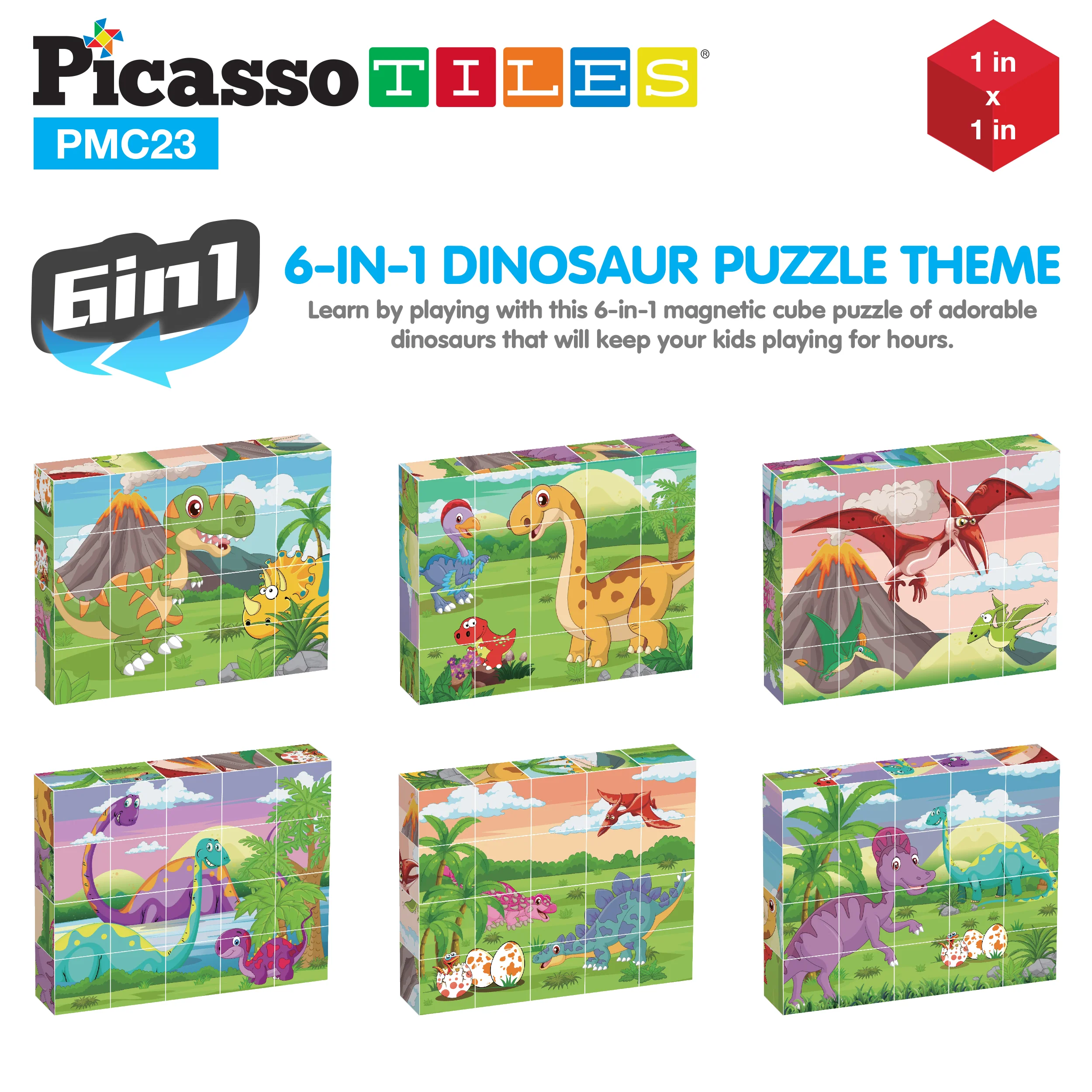 PicassoTiles 1" 20pc Magnetic Cube Puzzle Block Dinosaur Set - Image 5