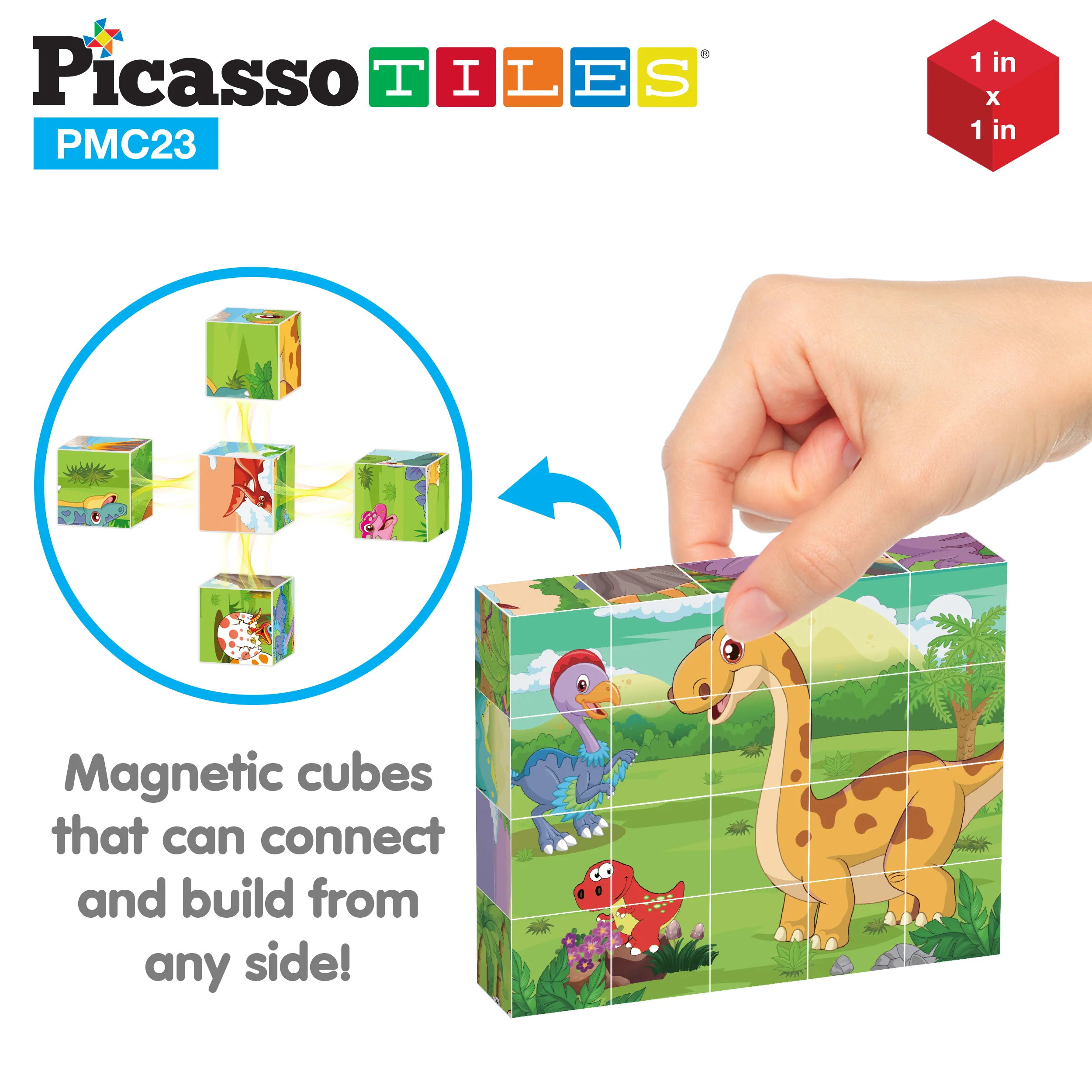 PicassoTiles 1" 20pc Magnetic Cube Puzzle Block Dinosaur Set - Image 7