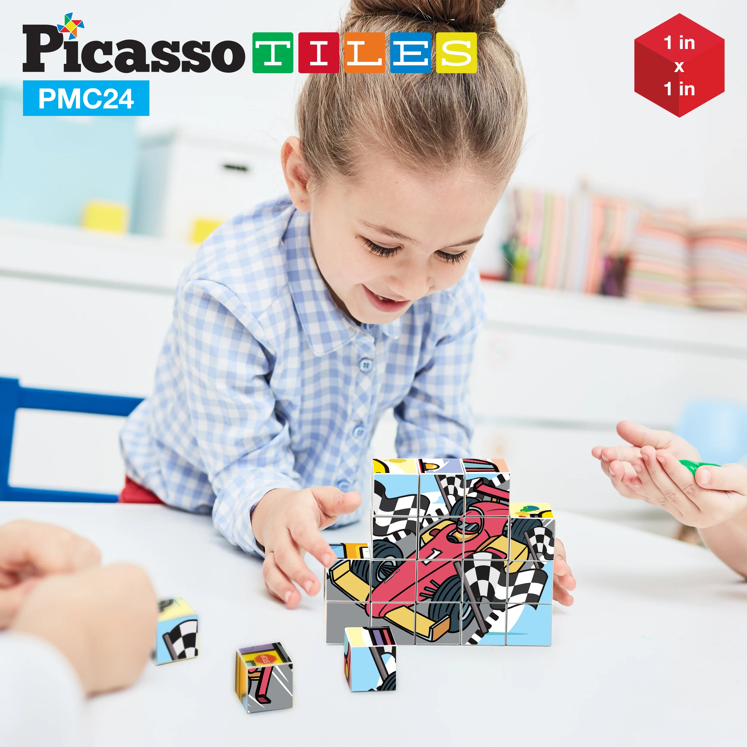PicassoTiles 1" 20pc Magnetic Cube Puzzle Block Vehicle Set - Image 2