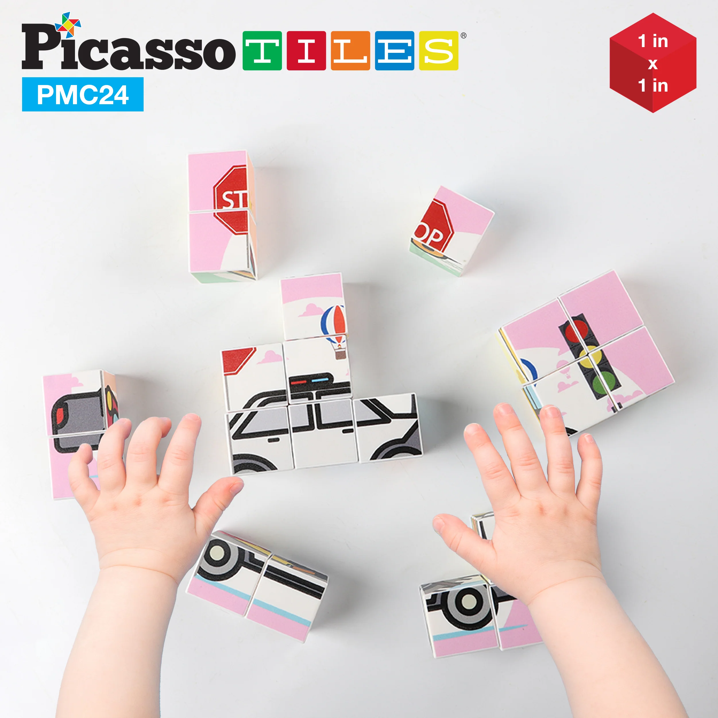 PicassoTiles 1" 20pc Magnetic Cube Puzzle Block Vehicle Set - Image 3
