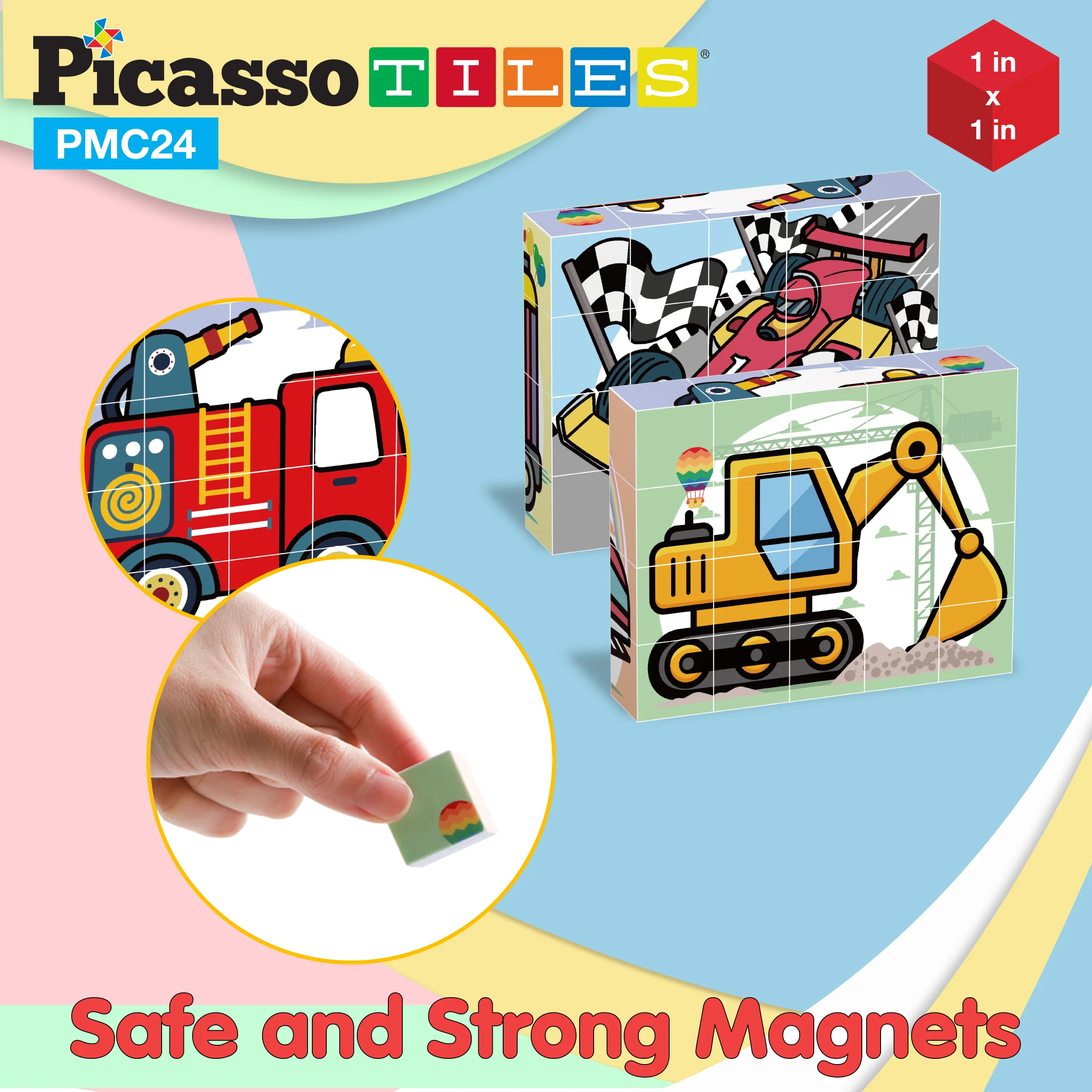 PicassoTiles 1" 20pc Magnetic Cube Puzzle Block Vehicle Set - Image 4