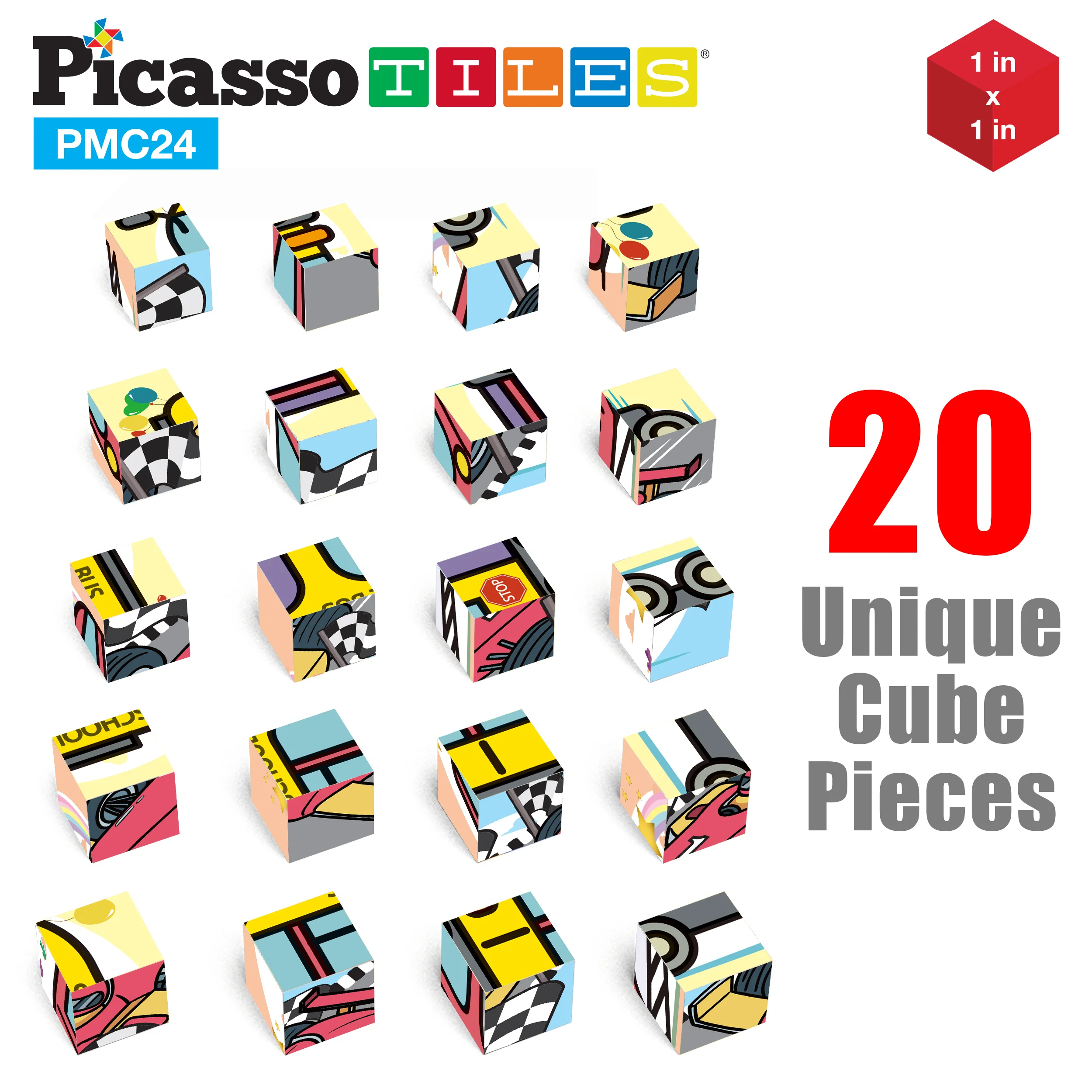 PicassoTiles 1" 20pc Magnetic Cube Puzzle Block Vehicle Set - Image 5