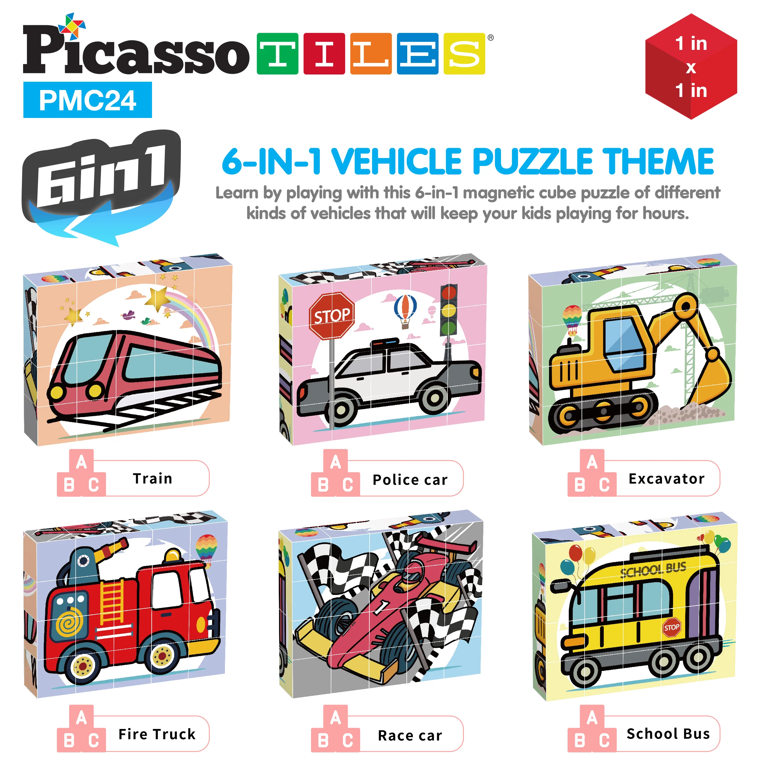 PicassoTiles 1" 20pc Magnetic Cube Puzzle Block Vehicle Set - Image 6