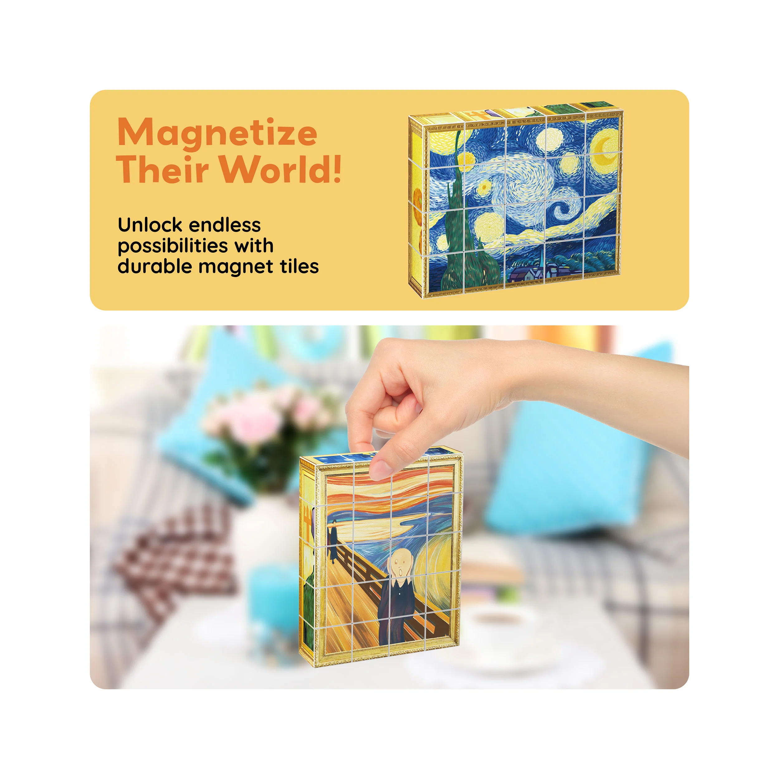 PicassoTiles 20pc 1" Magnetic Puzzle Cubes Famous World  Paintings - Image 7