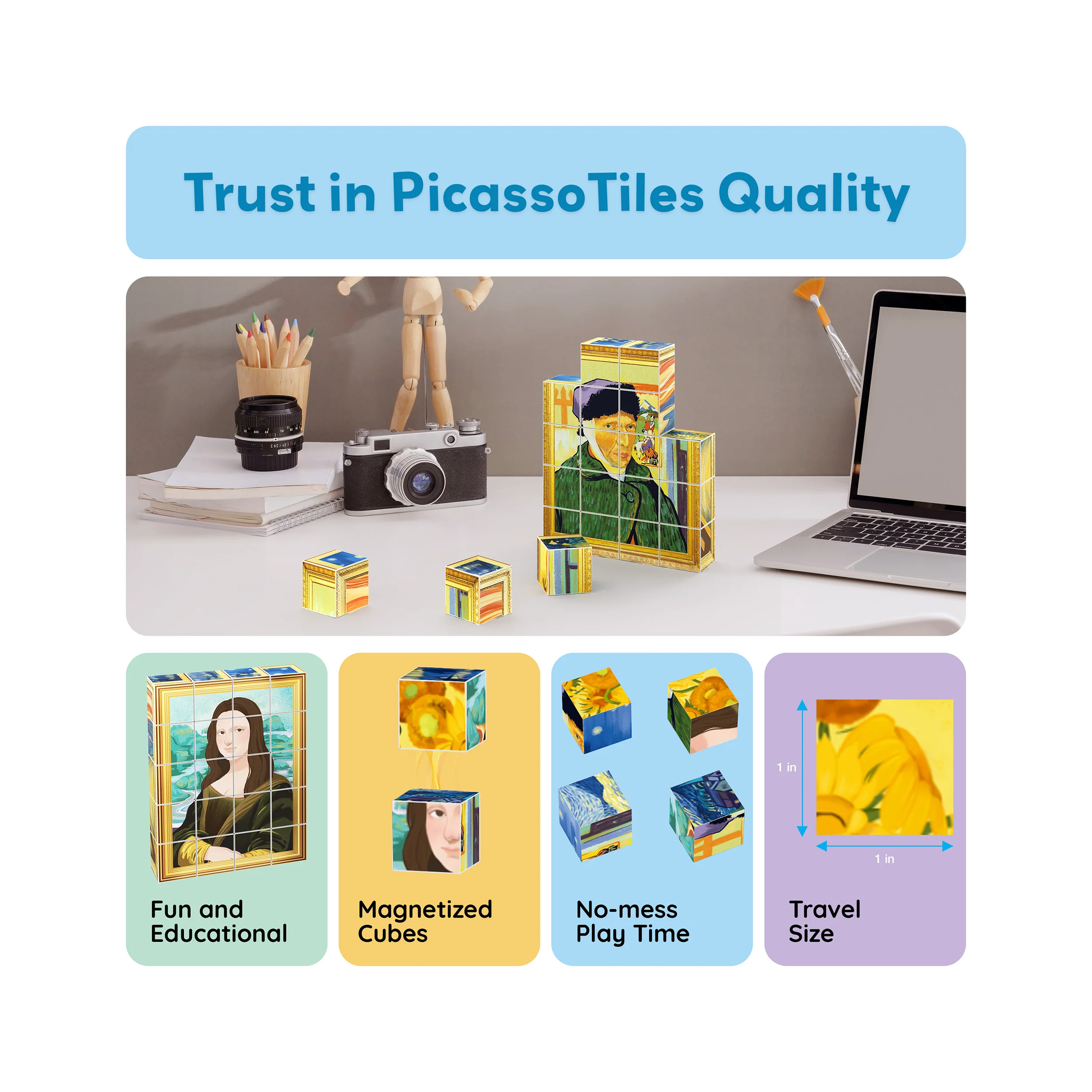 PicassoTiles 20pc 1" Magnetic Puzzle Cubes Famous World  Paintings - Image 8
